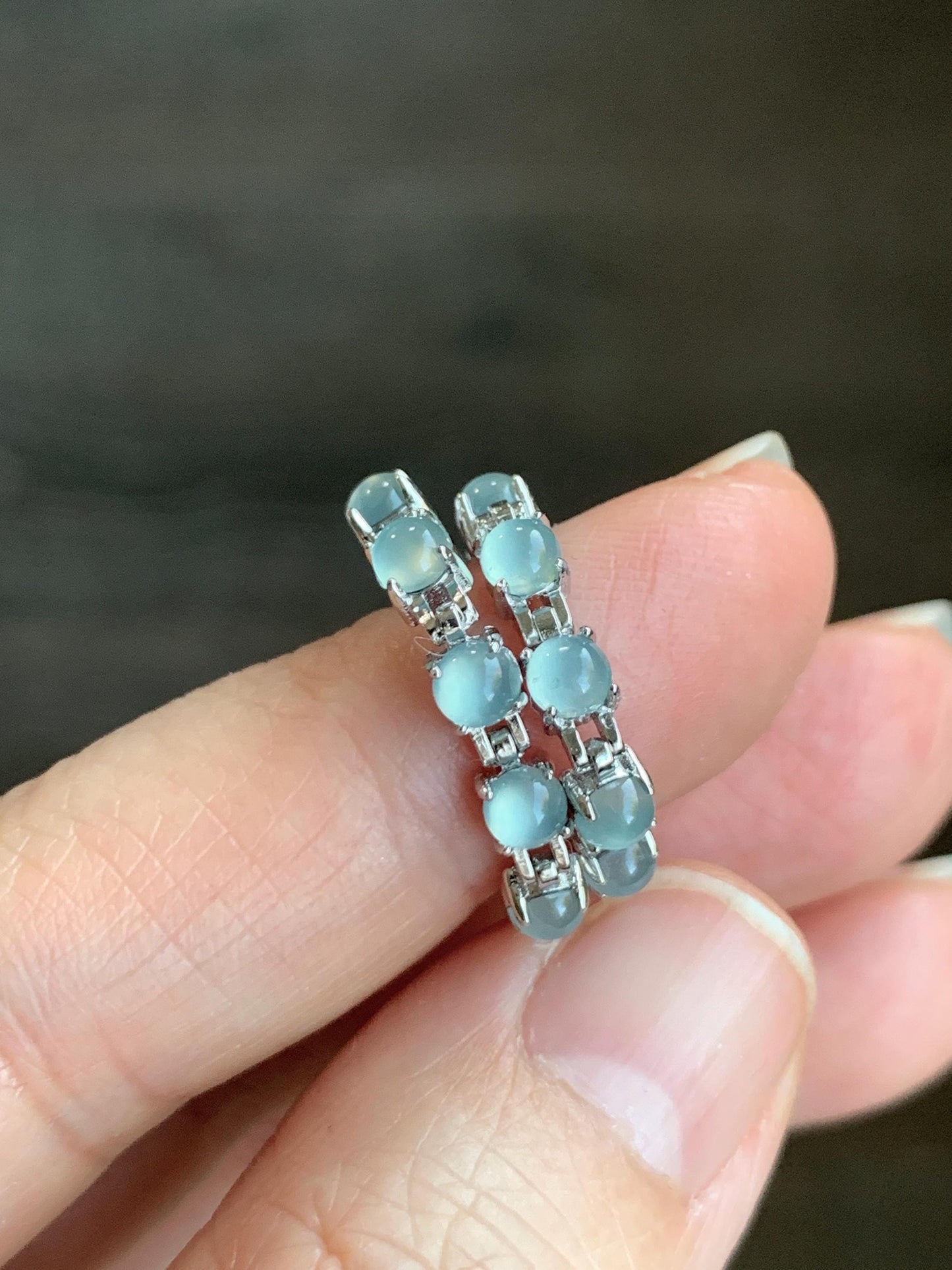 Natural Guatemalan Grade A Icy Highly Translucent Light Blue Jadeite Link Chain Style Bracelet Sterling Silver 6.25”-7.5” 4g 天然冰危浅蓝起光翡翠银镶手链