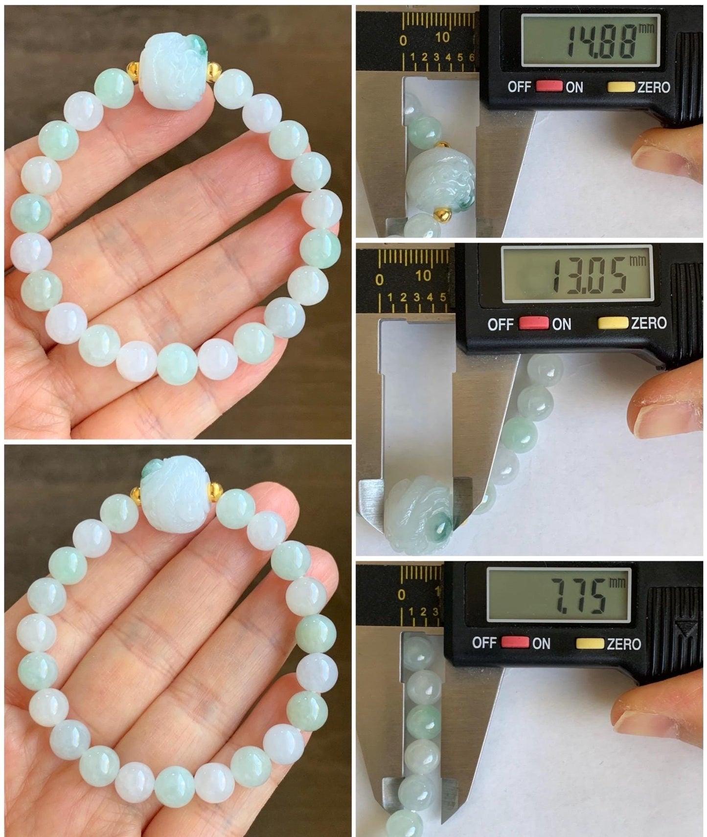 Certified Natural Icy Translucent Green Marbled Jadeite Carved Dragon Bead Multicolored Beads Beaded Bracelet 6.5” 23g 天然冰胶飘花翡翠龙珠多宝珠手串 7836