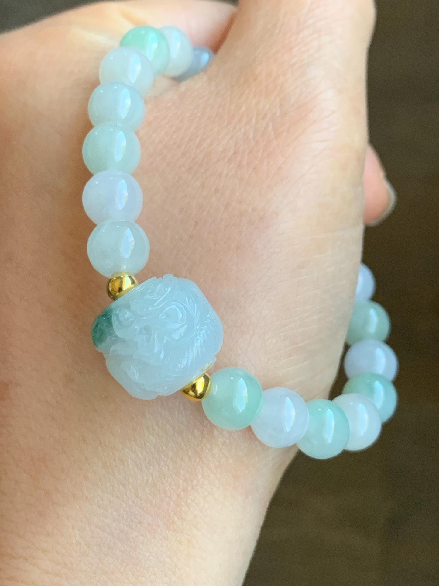 Certified Natural Icy Translucent Green Marbled Jadeite Carved Dragon Bead Multicolored Beads Beaded Bracelet 6.5” 23g 天然冰胶飘花翡翠龙珠多宝珠手串 7836