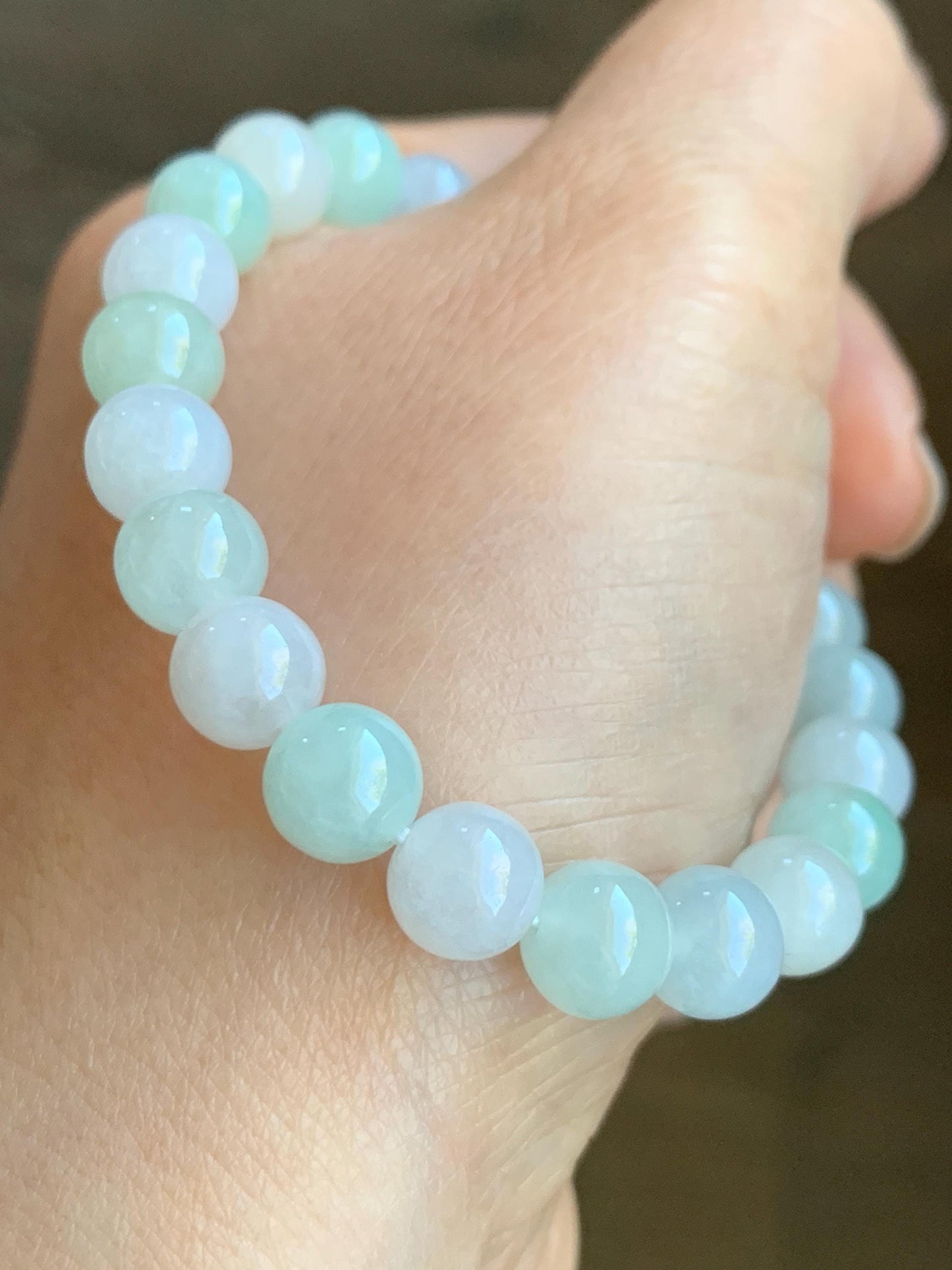 Certified Natural Icy Translucent Green Marbled Jadeite Carved Dragon Bead Multicolored Beads Beaded Bracelet 6.5” 23g 天然冰胶飘花翡翠龙珠多宝珠手串 7836
