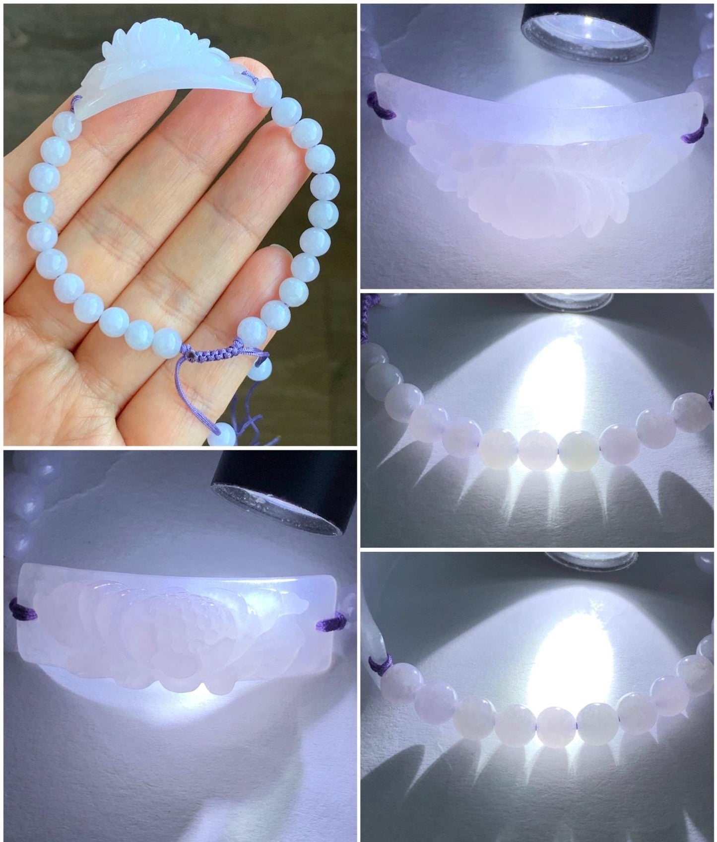 Natural Grade A Icy Translucent Light Lavender Jadeite Round Beads Carved Lotus Flower Cuff Beaded Bracelet 6.75” 15g 天然冰胶淡紫翡翠莲花手牌手串 DZHP