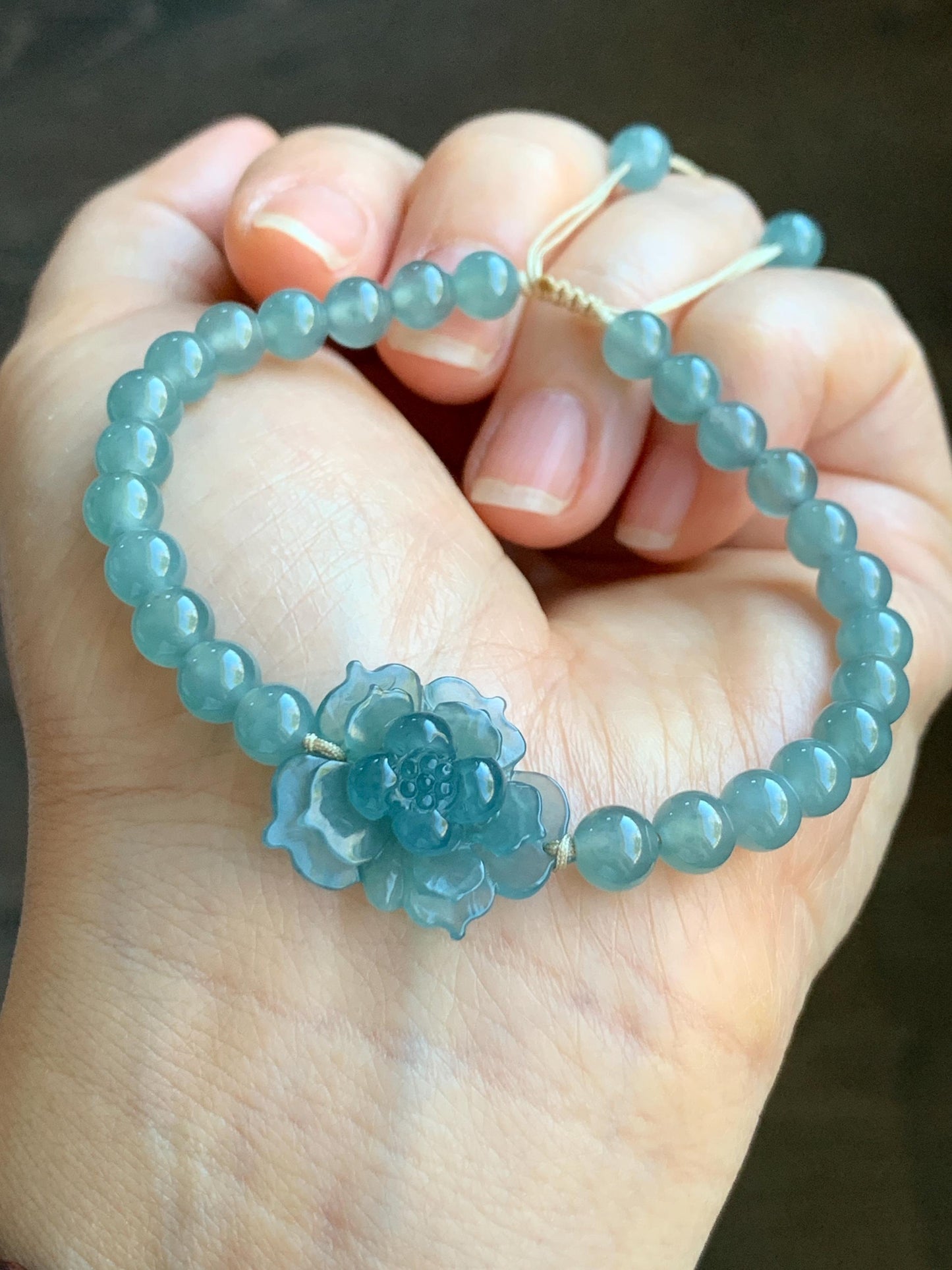 Natural Grade A Guatemalan Icy Highly Translucent Gelatinous Blue Jadeite Lotus Flower Beaded Bracelet 7” 13g 天然冰危蓝翡翠莲花圆珠手串 DLHH819