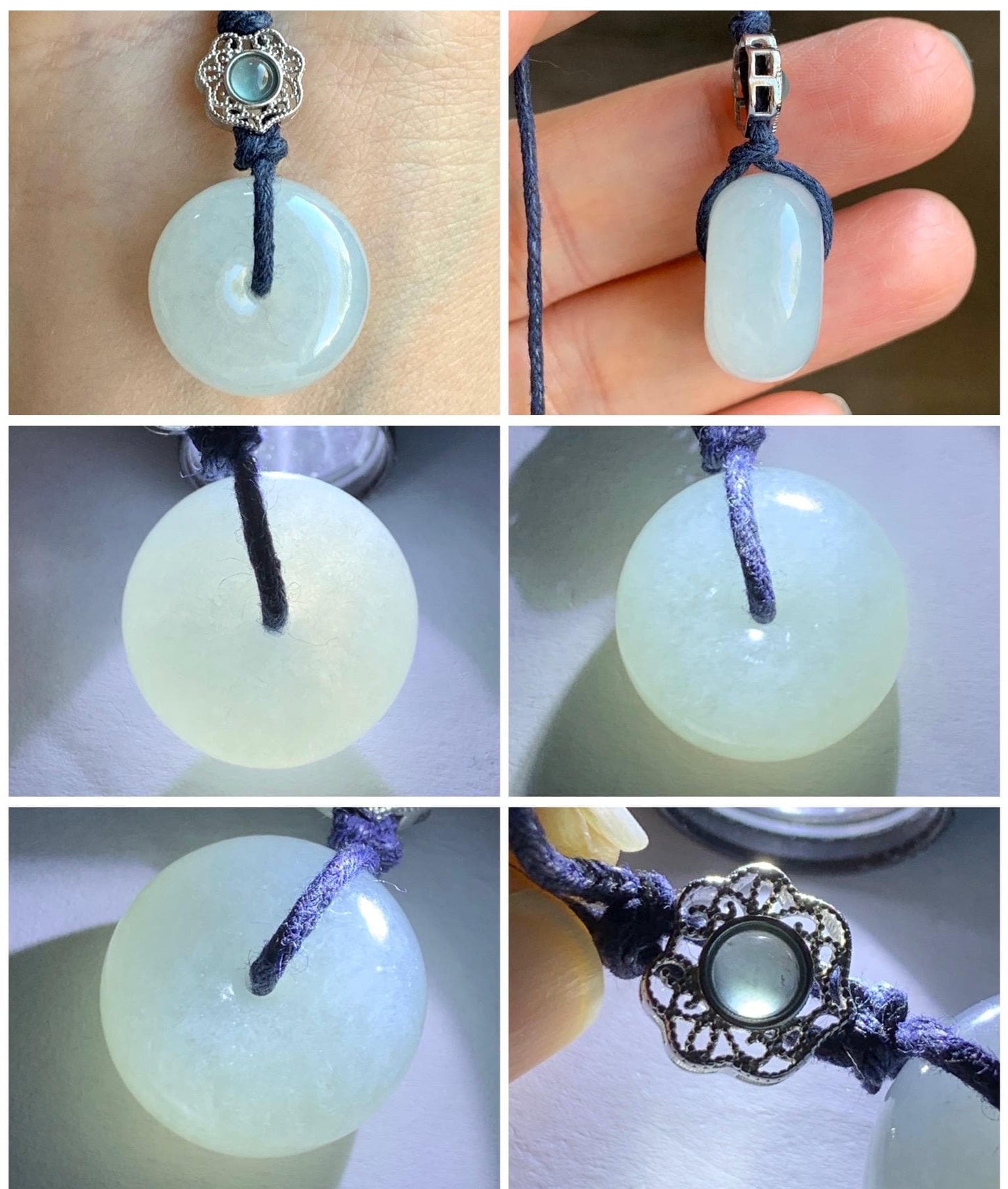 Certified Natural Grade A Icy Translucent Gelatinous Pastel Blue Jadeite Ping An Kou Donut Pendant Rope Necklace 24" 天然老种冰胶淡蓝翡翠平安扣吊坠 7837