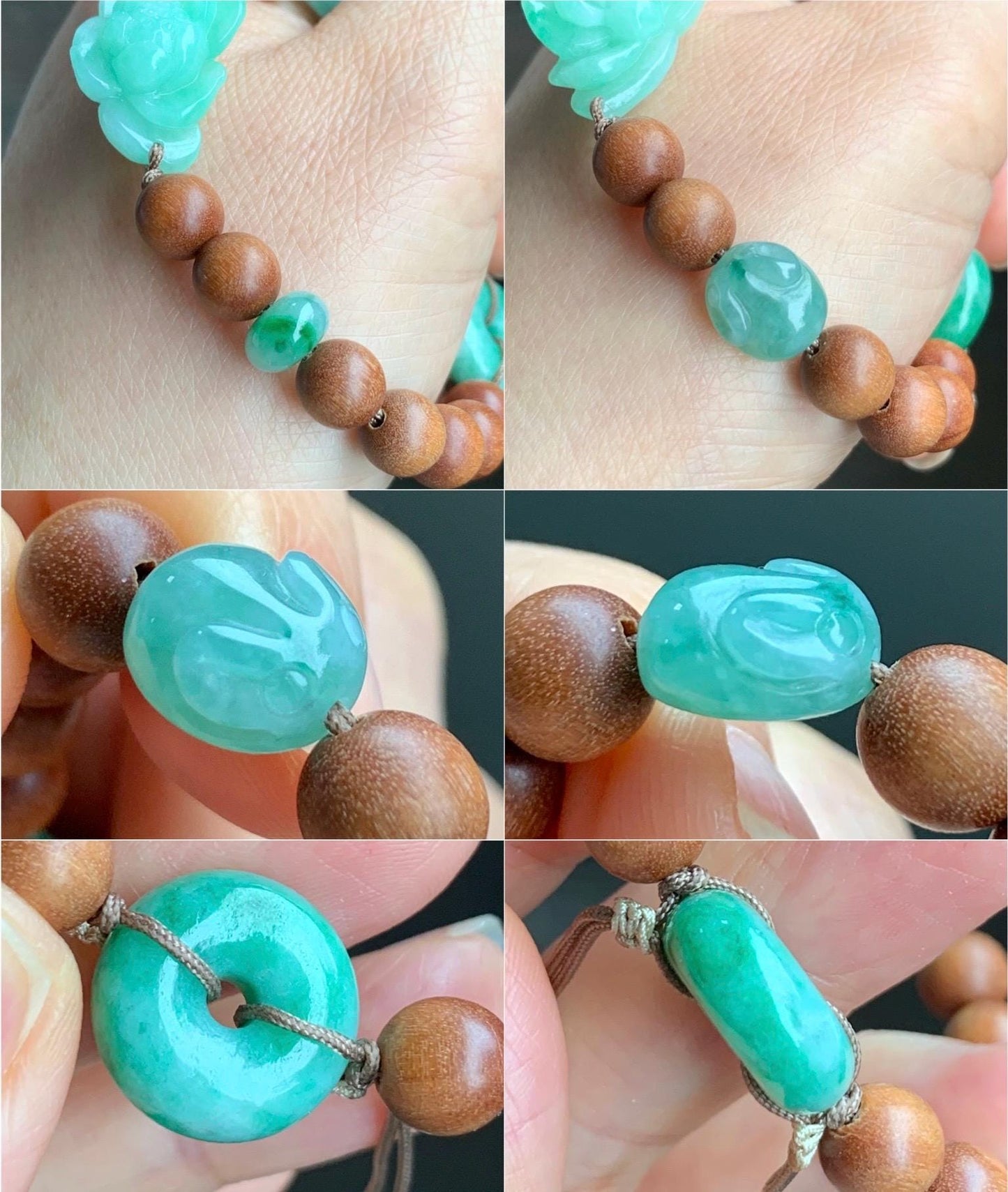 Natural Grade A Icy Translucent Apple Green Jadeite Lotus Flower Donut Rabbit Charm Wood Beads Beaded Bracelet 6.5” 14g 天然冰果绿翡翠莲花木珠手串