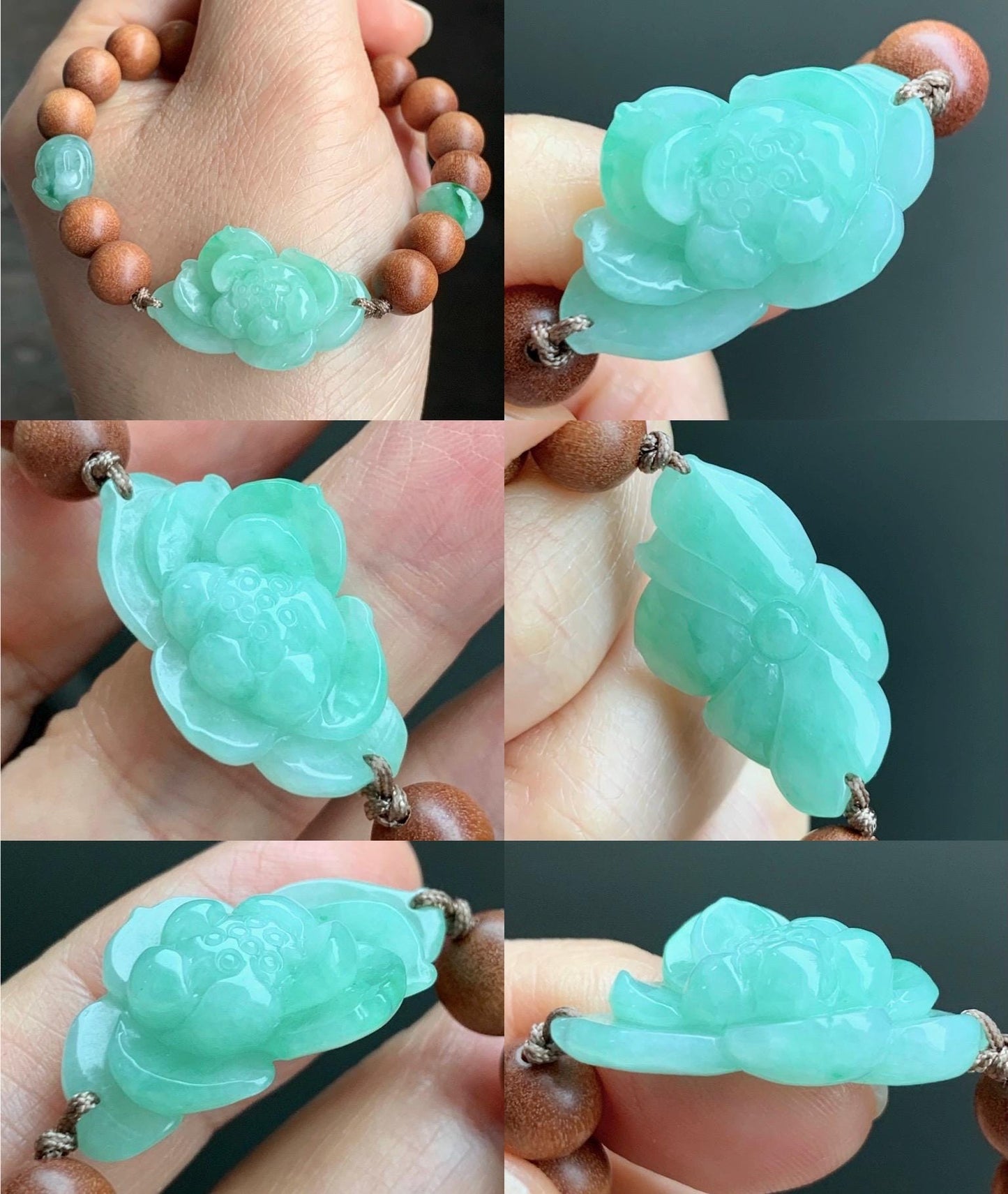 Natural Grade A Icy Translucent Apple Green Jadeite Lotus Flower Donut Rabbit Charm Wood Beads Beaded Bracelet