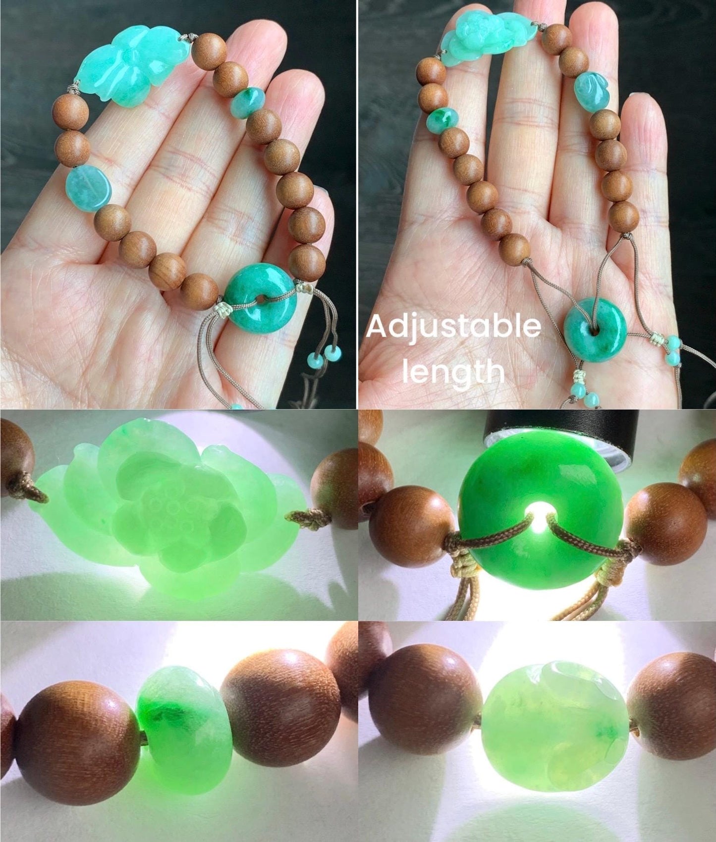 Natural Grade A Icy Translucent Apple Green Jadeite Lotus Flower Donut Rabbit Charm Wood Beads Beaded Bracelet 6.5” 14g 天然冰果绿翡翠莲花木珠手串