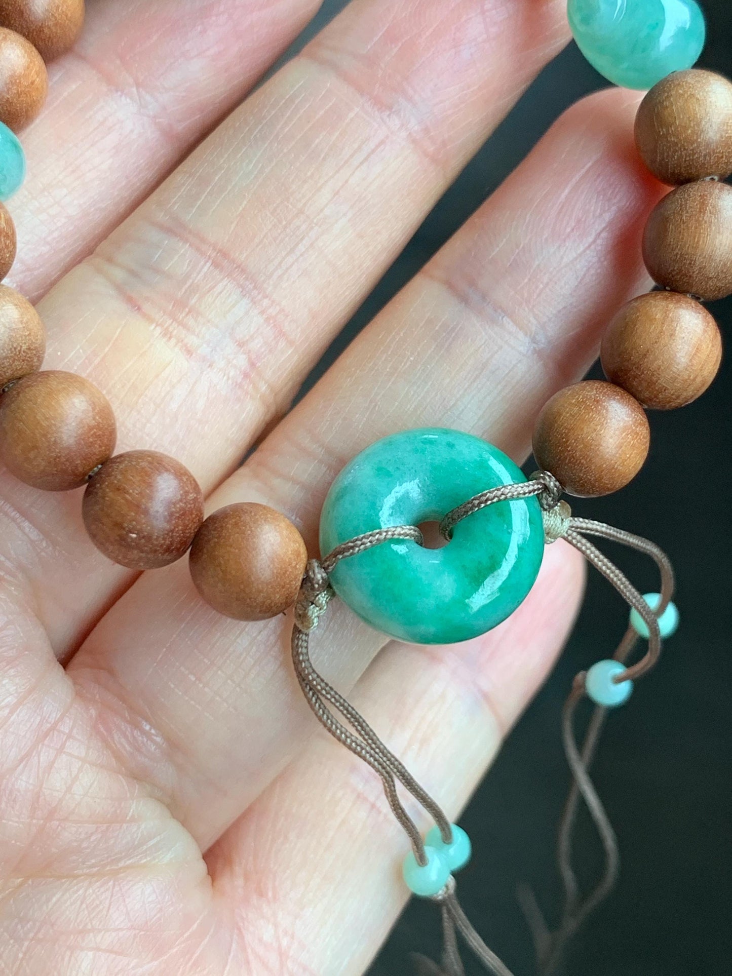 Natural Grade A Icy Translucent Apple Green Jadeite Lotus Flower Donut Rabbit Charm Wood Beads Beaded Bracelet 6.5” 14g 天然冰果绿翡翠莲花木珠手串