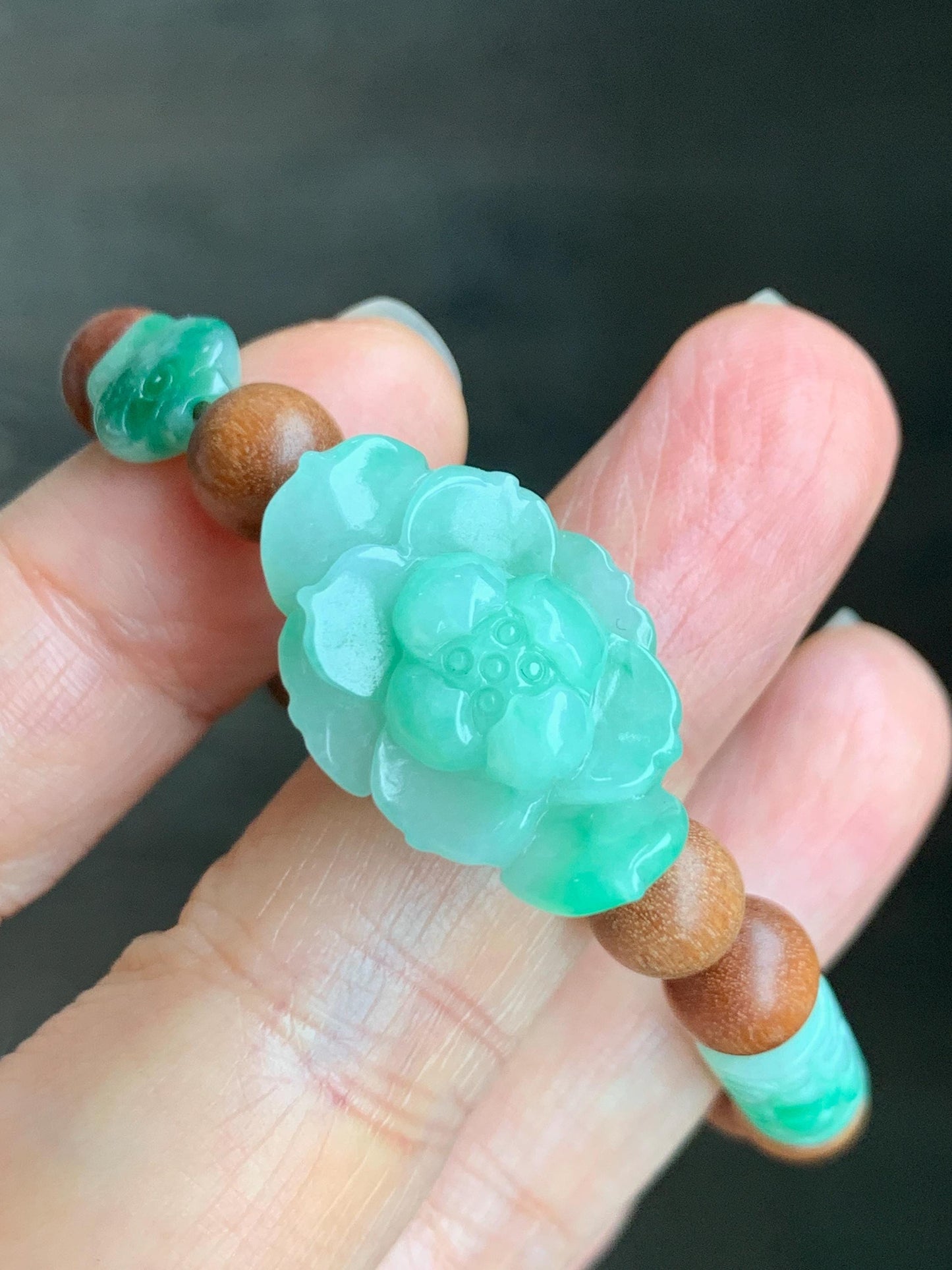 Natural Grade A Icy Translucent Apple Green Jadeite Lotus Flower Barrel Bead Fish Charm Wood Beads Beaded Bracelet