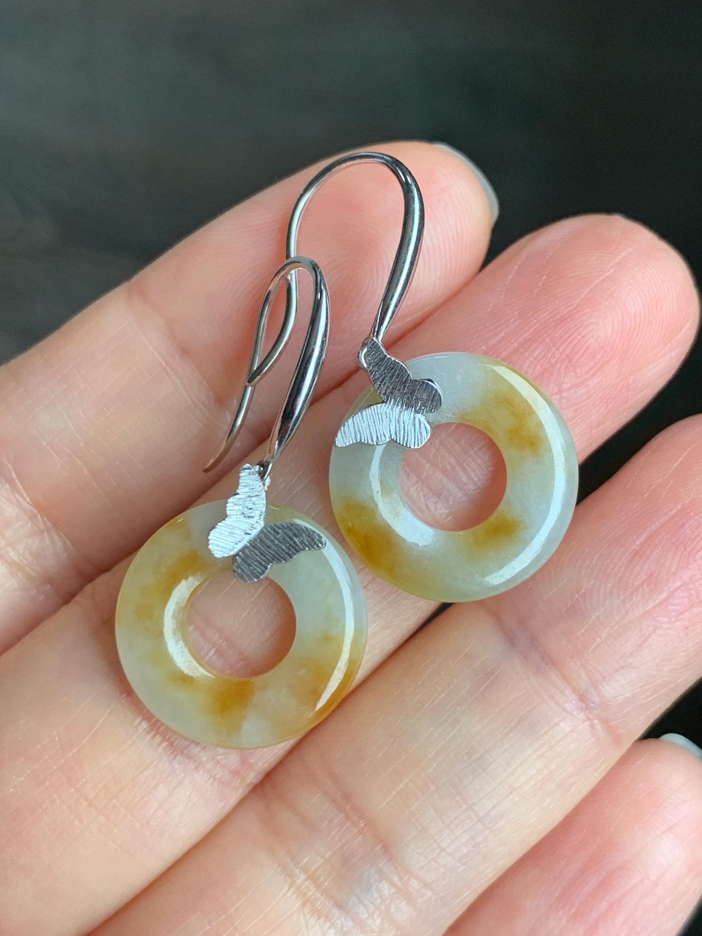 Certified Natural Icy Translucent Beige Yellow Marbled Jadeite Ping An Kou Donut Dangle Earrings Sterling Silver