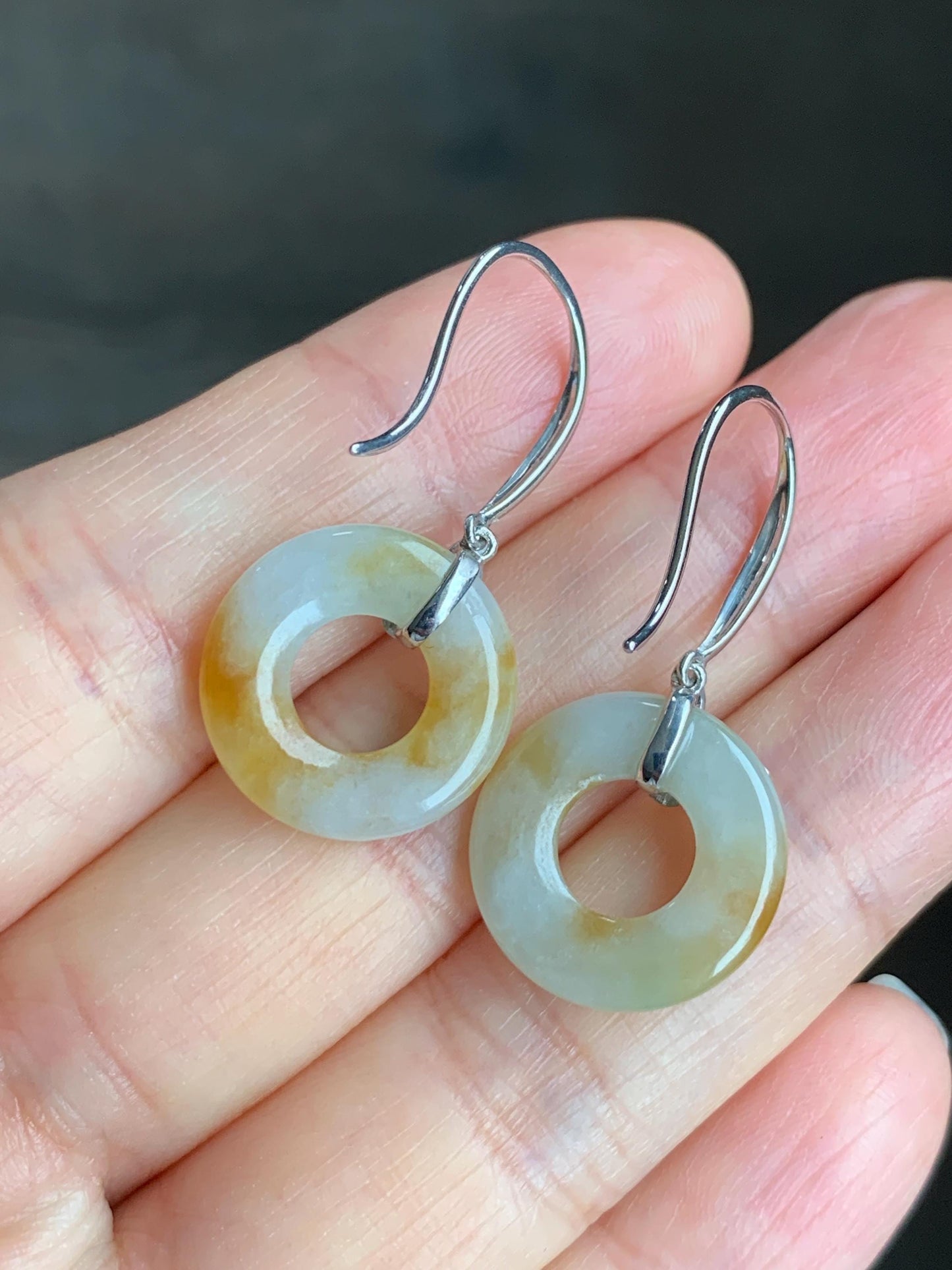 Certified Natural Icy Translucent Beige Yellow Marbled Jadeite Ping An Kou Donut Dangle Earrings Sterling Silver 3.44g 天然糯冰撒金翡翠平安扣银镶耳钩 1673