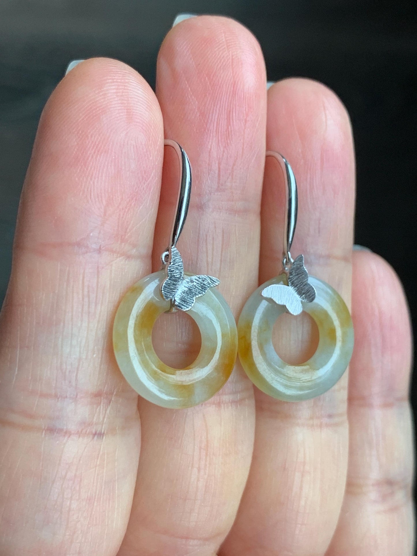 Certified Natural Icy Translucent Beige Yellow Marbled Jadeite Ping An Kou Donut Dangle Earrings Sterling Silver 3.44g 天然糯冰撒金翡翠平安扣银镶耳钩 1673