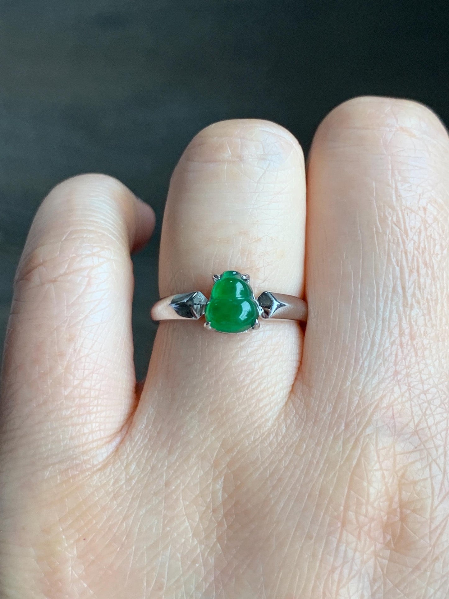 Natural Guatemalan Icy Translucent Vibrant Green Jadeite Gourd Hulu Solitaire Ring Sterling Silver Size 7 Adjustable