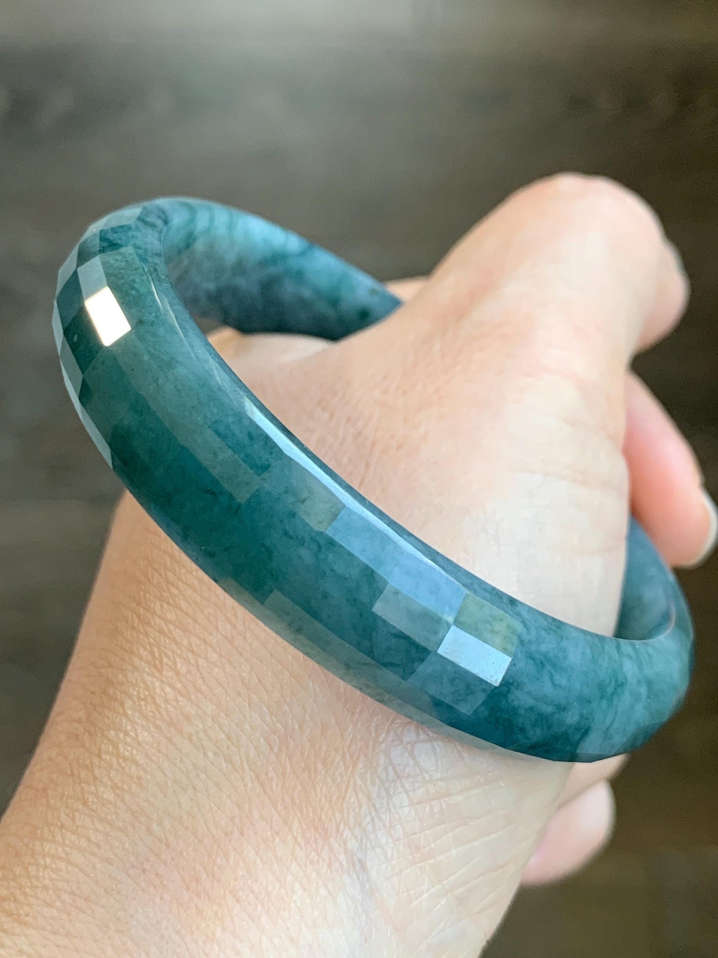 Certified Natural Grade A Guatemalan Icy Translucent Dark Blue Marbled Jadeite Faceted Bangle 56.8mm 12.6x5.9mm 38.4g 天然老种冰危深蓝翡翠正圈切割面手镯 1354