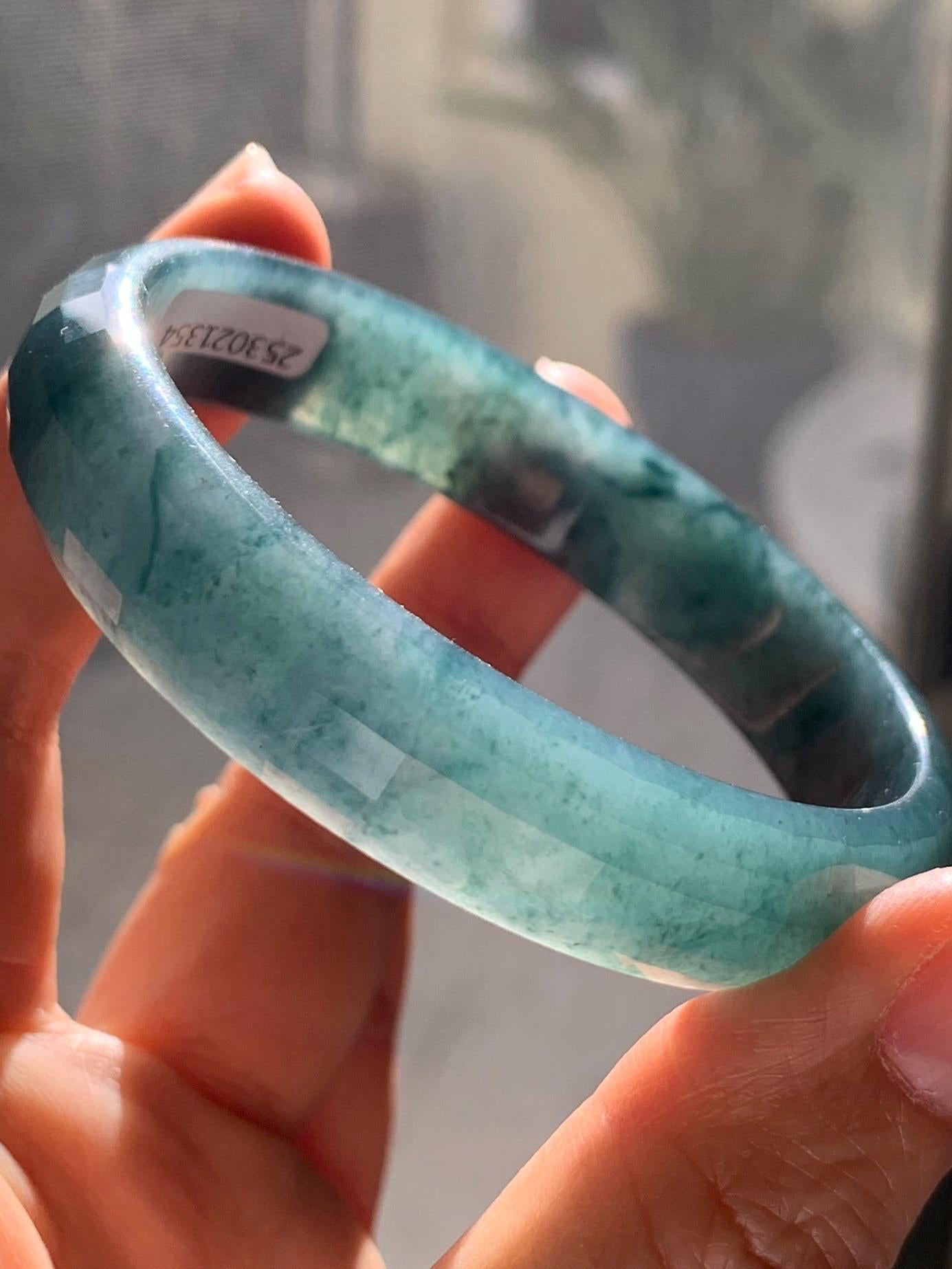 Certified Natural Grade A Guatemalan Icy Translucent Dark Blue Marbled Jadeite Faceted Bangle 56.8mm 12.6x5.9mm 38.4g 天然老种冰危深蓝翡翠正圈切割面手镯 1354