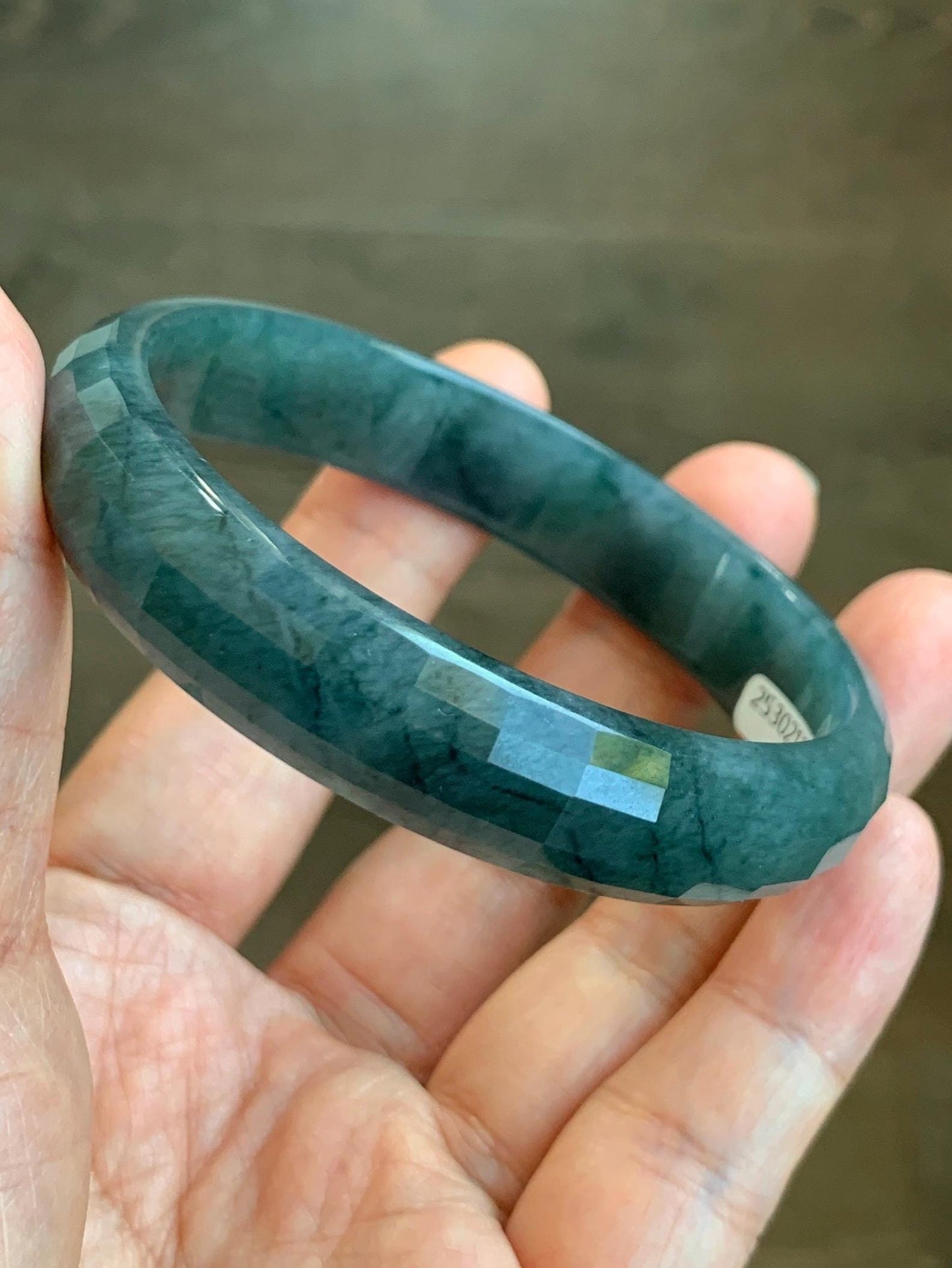 Certified Natural Grade A Guatemalan Icy Translucent Dark Blue Marbled Jadeite Faceted Bangle 57.6mm 12.7x5.7mm 39g 天然老种冰危深蓝翡翠正圈切割面手镯 1357
