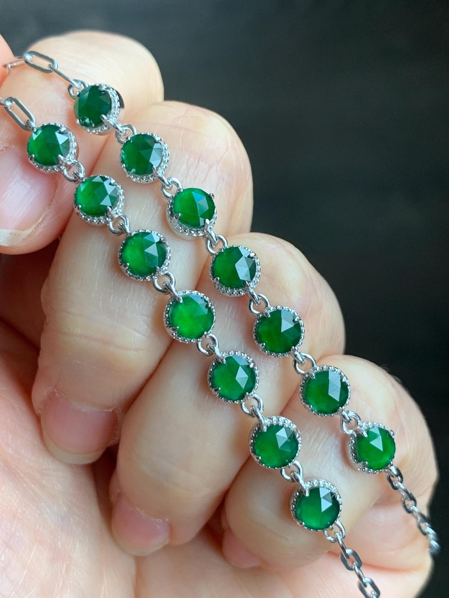 Natural Grade A Guatemalan Icy Translucent Vibrant Green Faceted Jadeite 7-Stone Chain Bracelet Sterling Silver 3g