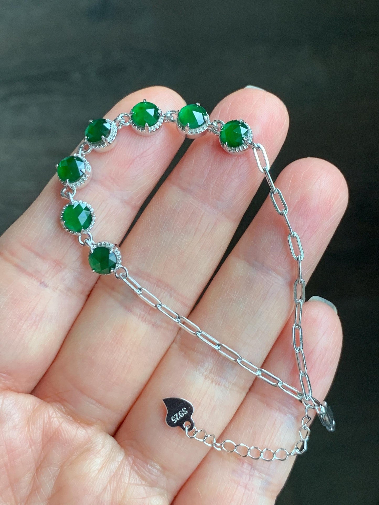 Natural Grade A Guatemalan Icy Translucent Vibrant Green Faceted Jadeite 7-Stone Chain Bracelet Sterling Silver 3g