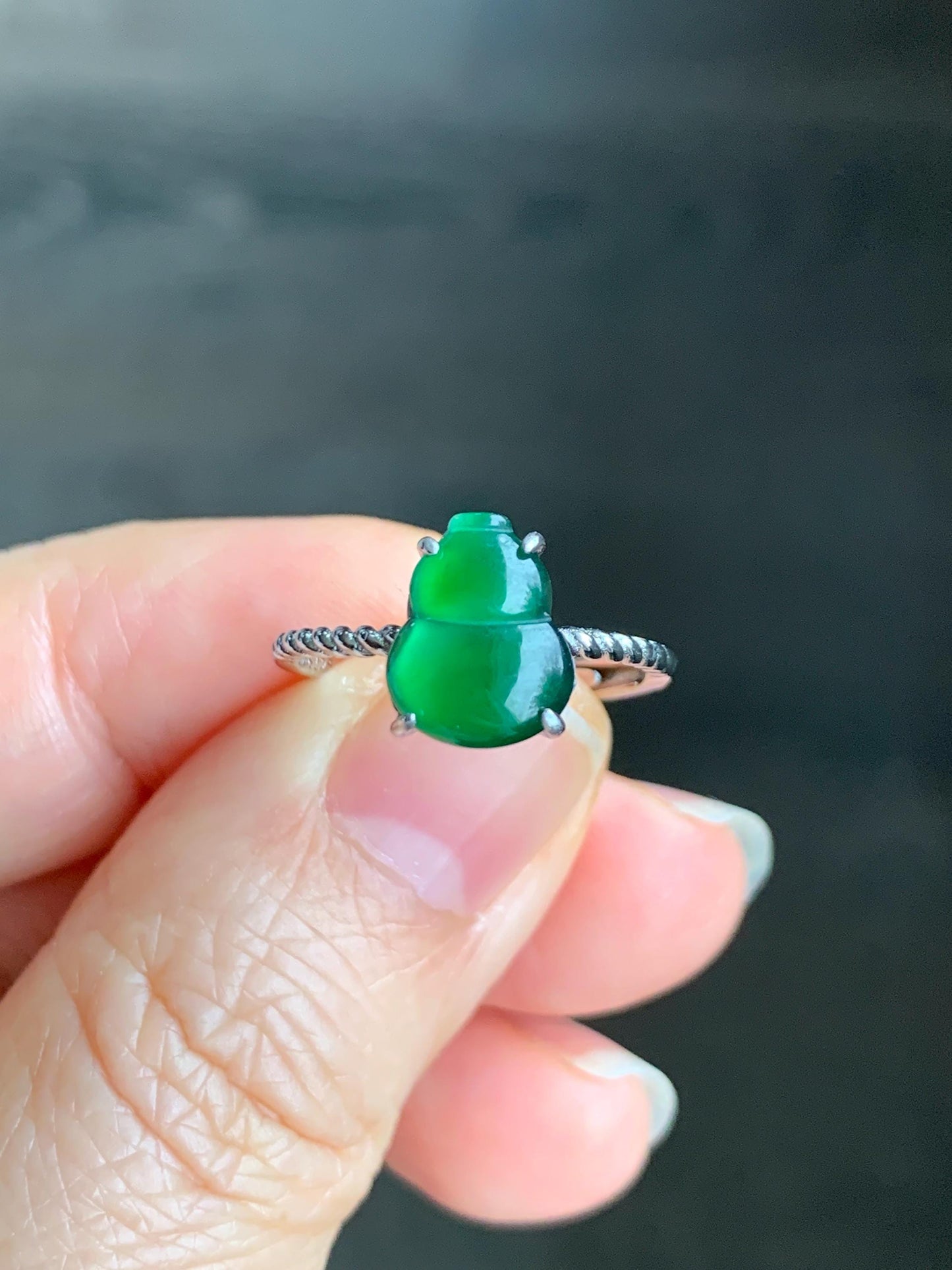 Natural Guatemalan Icy Translucent Vibrant Green Jadeite Gourd Hulu Solitaire Ring Sterling Silver Size 7 Adjustable