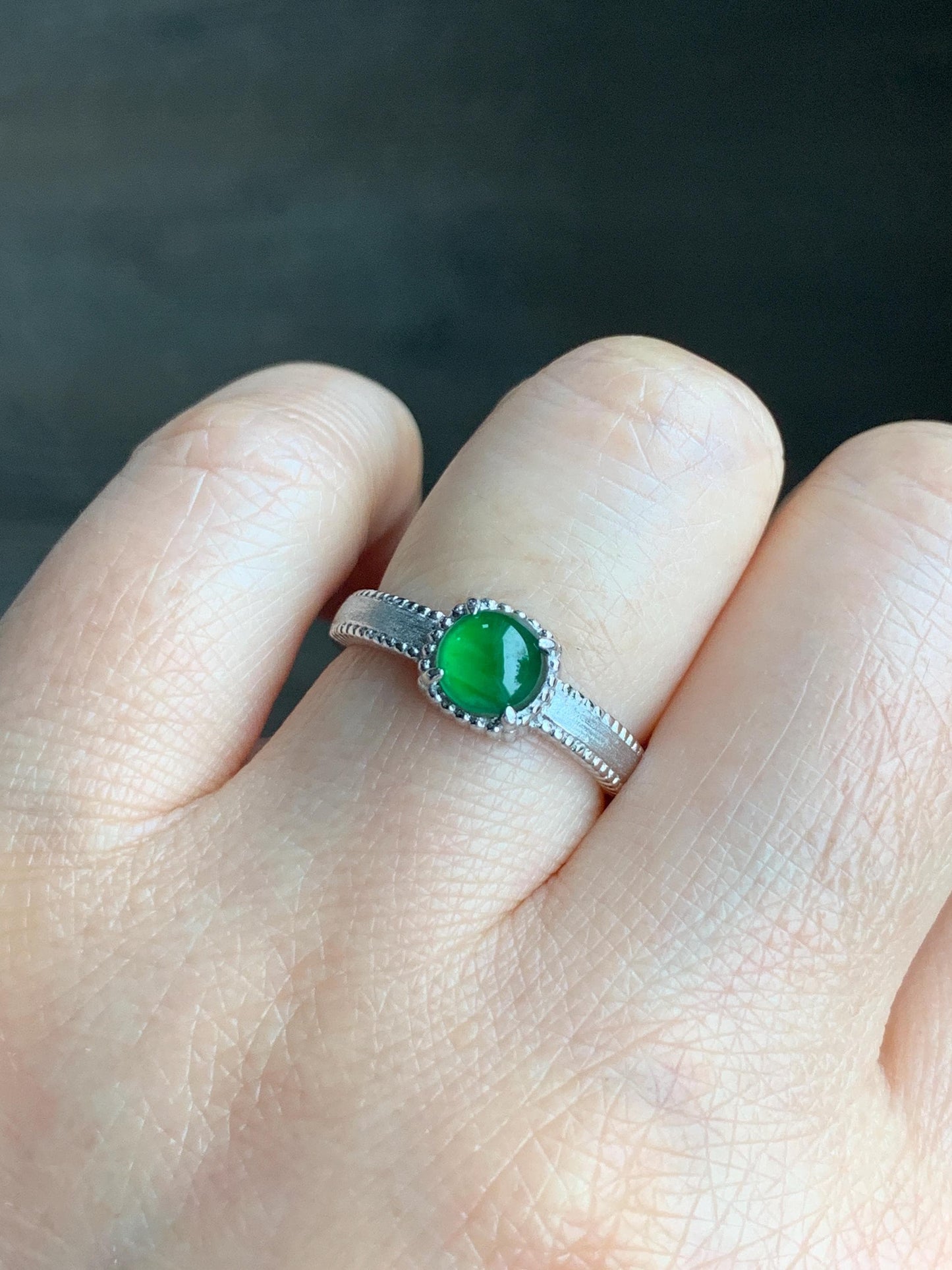 Natural Guatemalan Grade A Icy Translucent Vibrant Green Jadeite Solitaire Band Style Ring Sterling Silver Size Adjustable