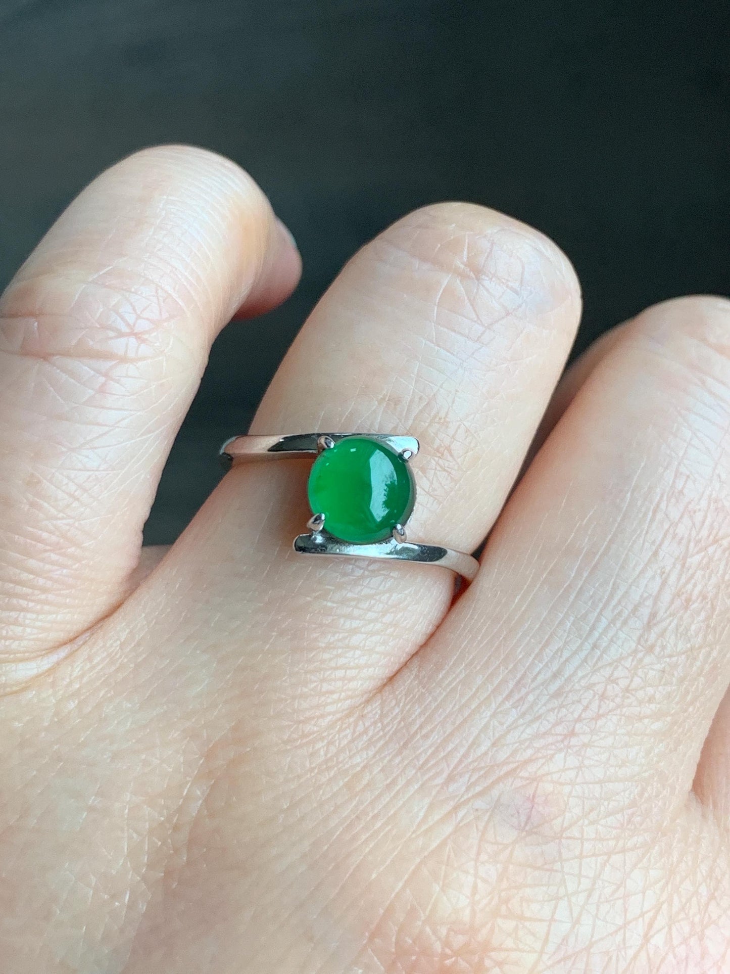 Natural Guatemalan Grade A Icy Translucent Vibrant Green Jadeite Solitaire Style Ring Sterling Silver Size Adjustable