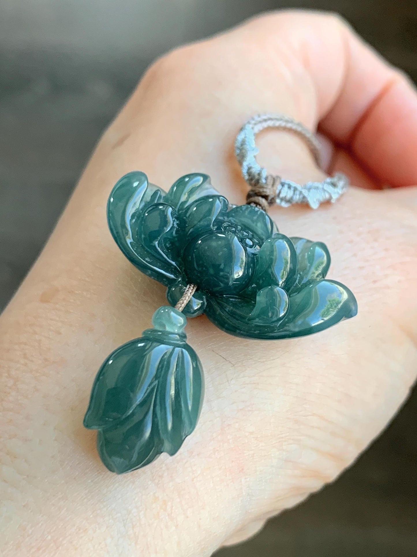 Natural Grade A Guatemalan Icy Translucent Dark Teal Green Jadeite Lotus Flower Pendant Rope Necklace Adjustable 24” 14g 天然冰危深蓝绿翡翠莲花花苞吊坠挂件 A
