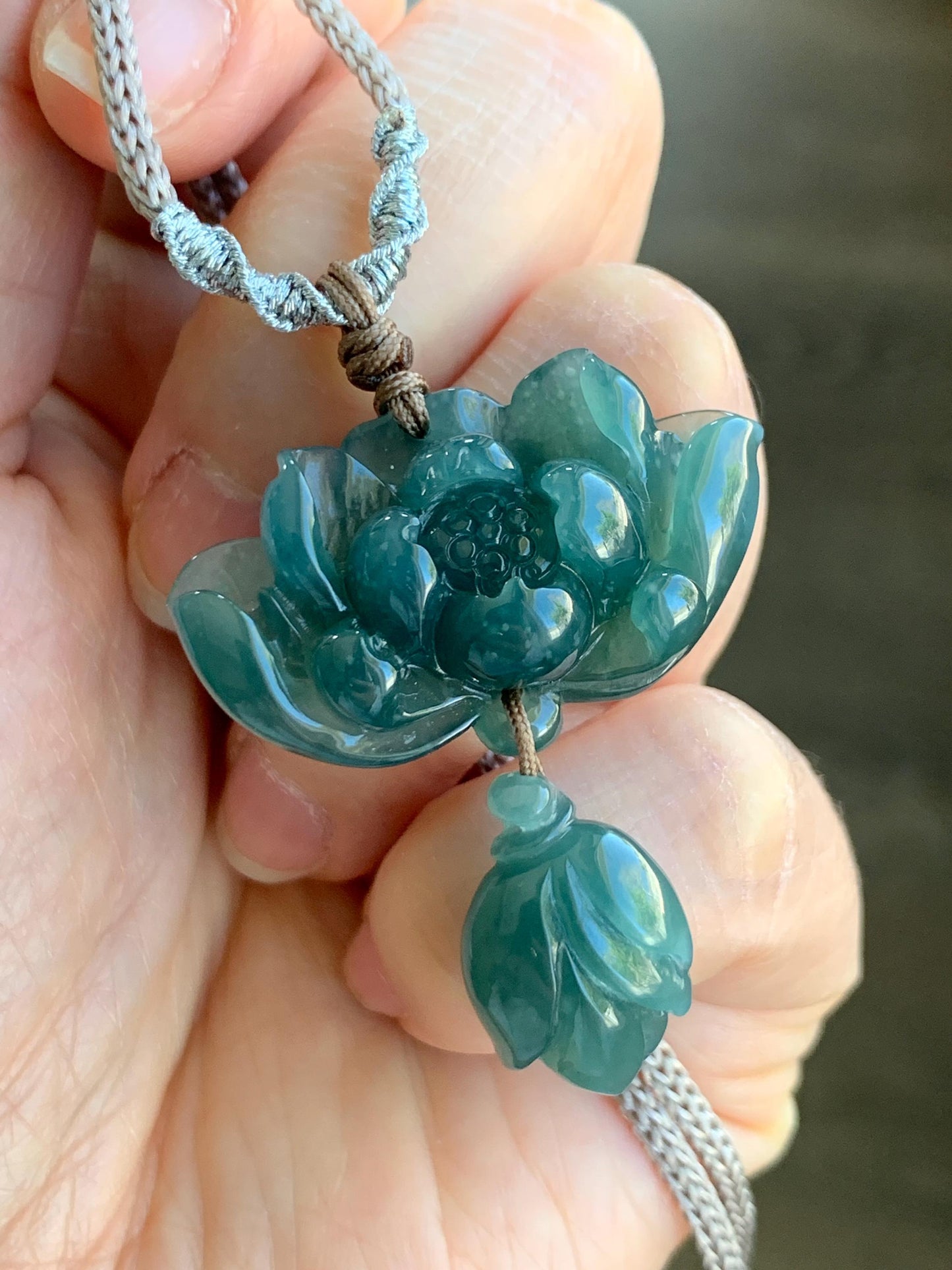 Natural Grade A Guatemalan Icy Translucent Dark Teal Green Jadeite Lotus Flower Pendant Rope Necklace Adjustable 24” 14g 天然冰危深蓝绿翡翠莲花花苞吊坠挂件 A