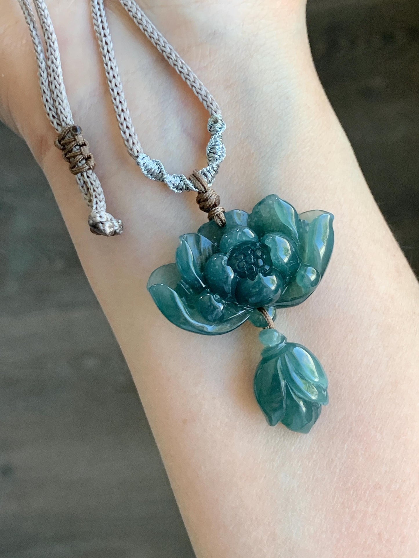 Natural Grade A Guatemalan Icy Translucent Dark Teal Green Jadeite Lotus Flower Pendant Rope Necklace Adjustable 24” 14g 天然冰危深蓝绿翡翠莲花花苞吊坠挂件 A