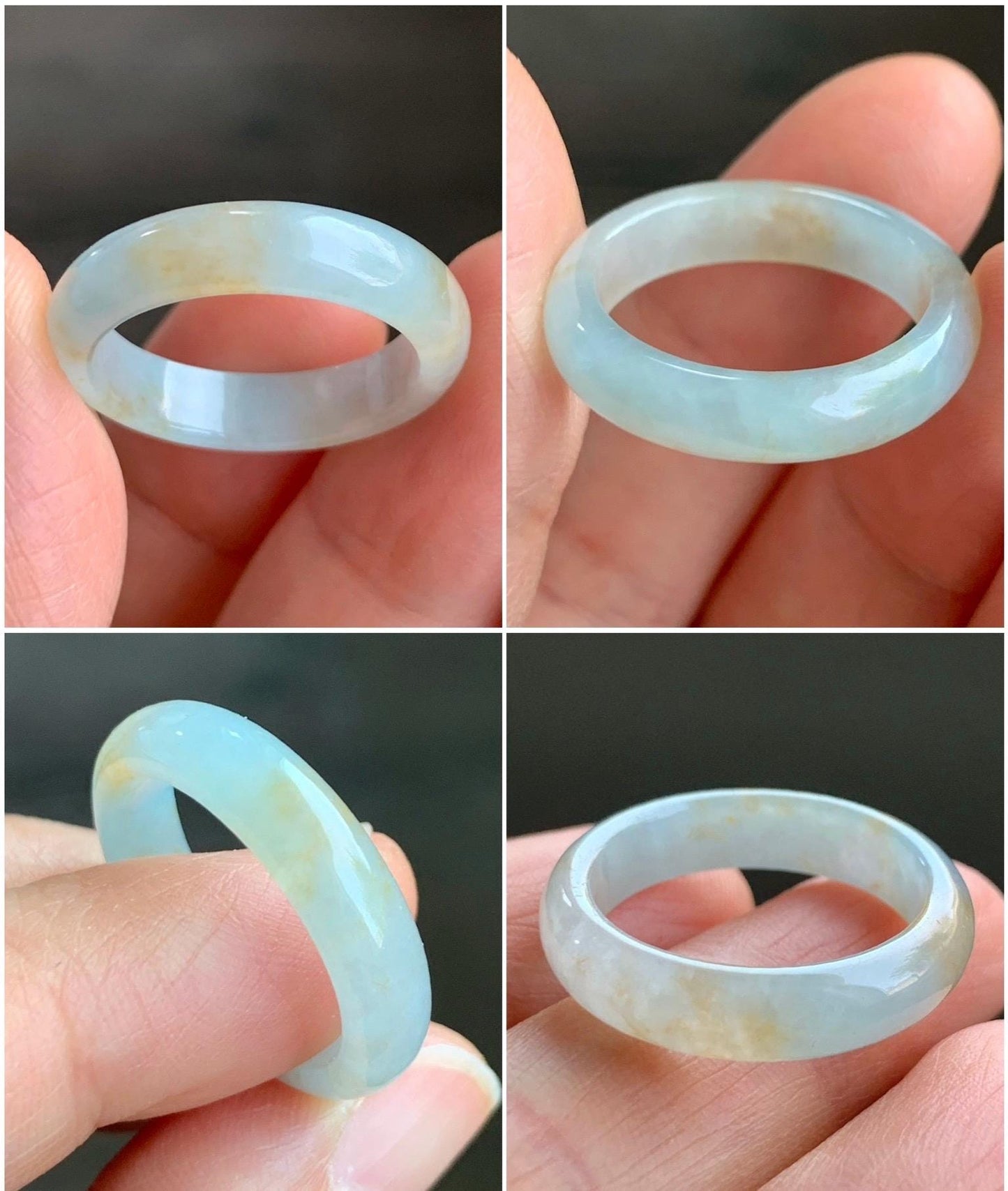 Natural Grade A Icy Translucent Bicolored Pastel Blue Golden Yellow Marbled Jadeite Band Ring Size 8.5 US 天然冰胶浅蓝撒金翡翠戒圈 SHS66