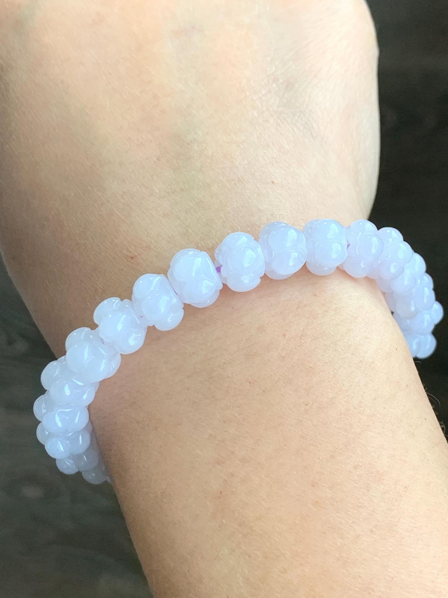 Natural Grade A Icy Translucent Icy White Jadeite w/ Pastel Purple Undertone Lotus Flower beads Beaded Bracelet 6.75” 21g 天然糯冰淡紫底翡翠莲花珠手串
