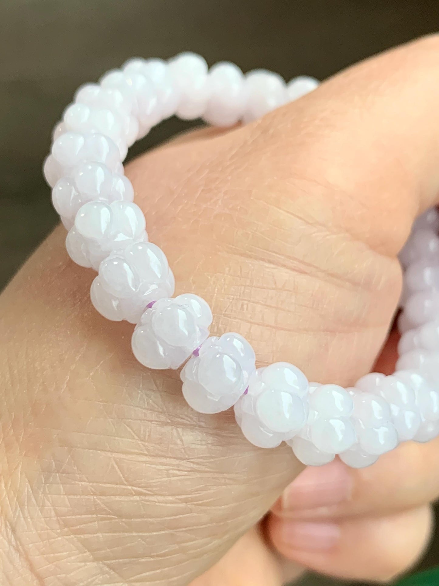 Natural Grade A Icy Translucent Icy White Jadeite w/ Pastel Purple Undertone Lotus Flower beads Beaded Bracelet 6.75” 21g 天然糯冰淡紫底翡翠莲花珠手串