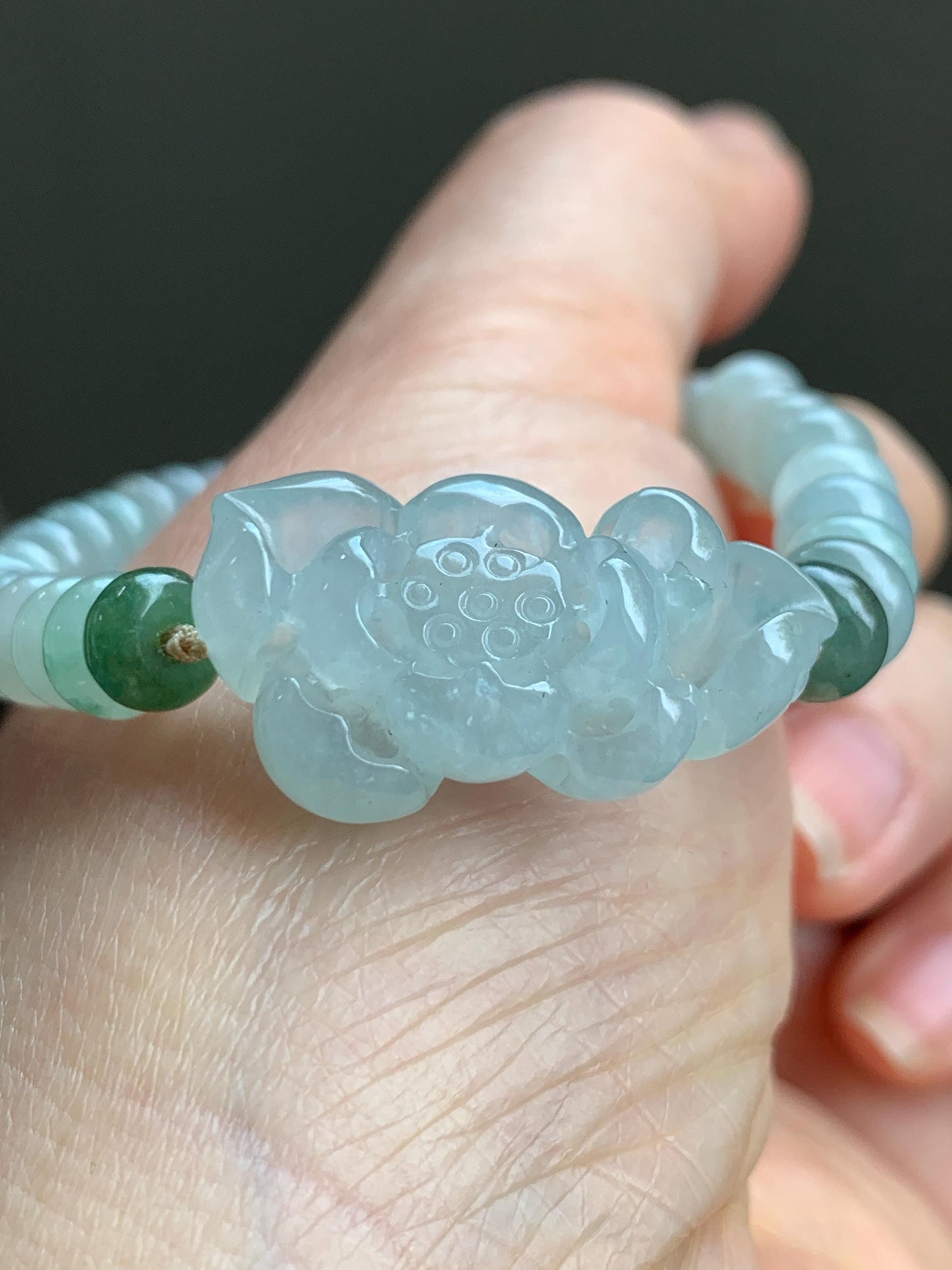 Certified Natural Grade A Icy Highly Translucent Gelatinous Light Green Jadeite Lotus Flower Beaded Bracelet
