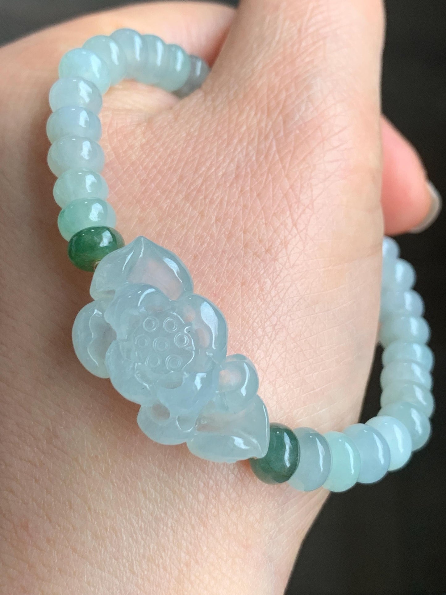 Certified Natural Grade A Icy Highly Translucent Gelatinous Light Green Jadeite Lotus Flower Beaded Bracelet