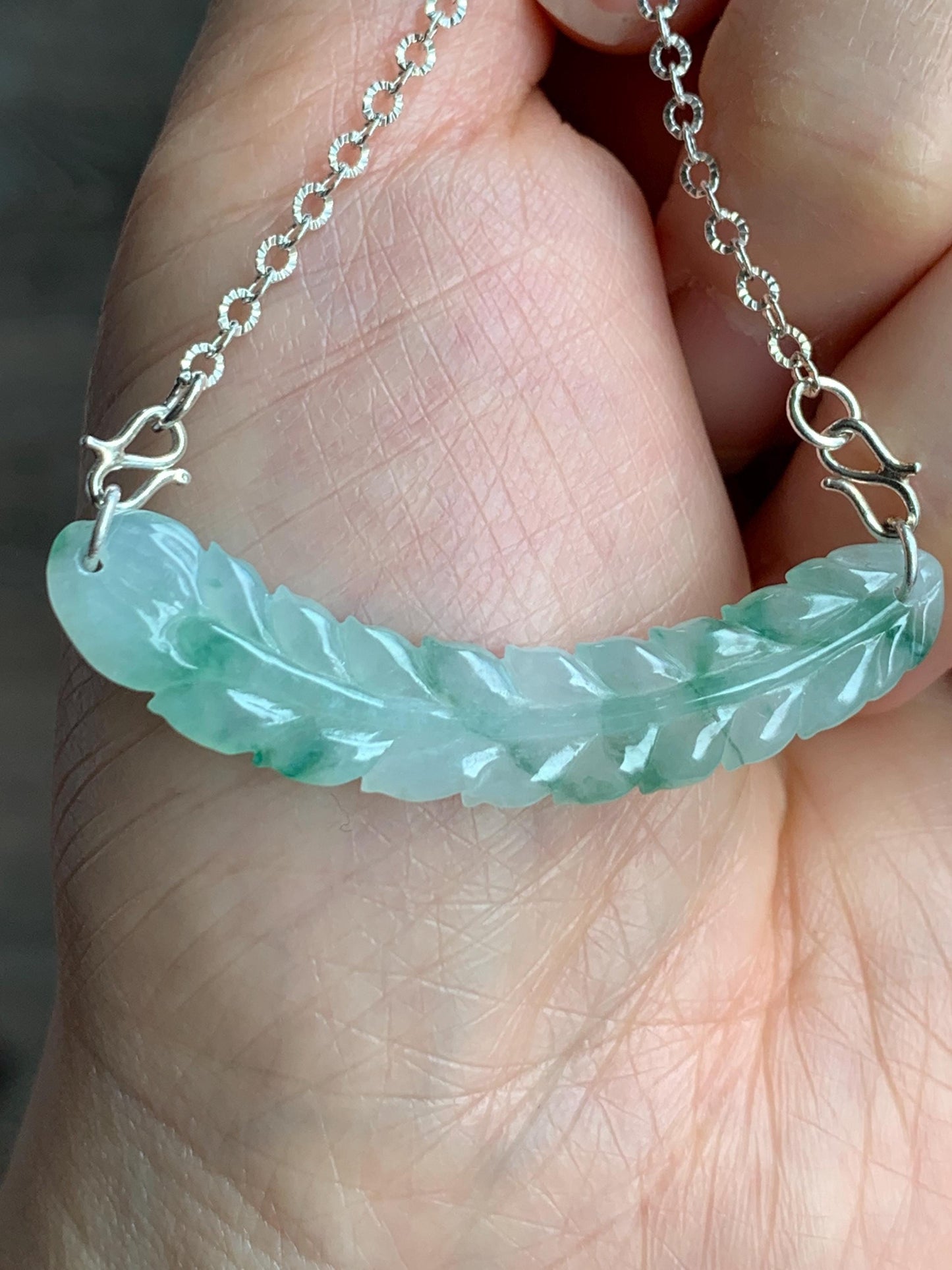Natural Grade A Icy Translucent Gelatinous Light Green Marbled Jadeite Carved Feather Pendant 999 Sterling Silver Necklace Adjustable 6g