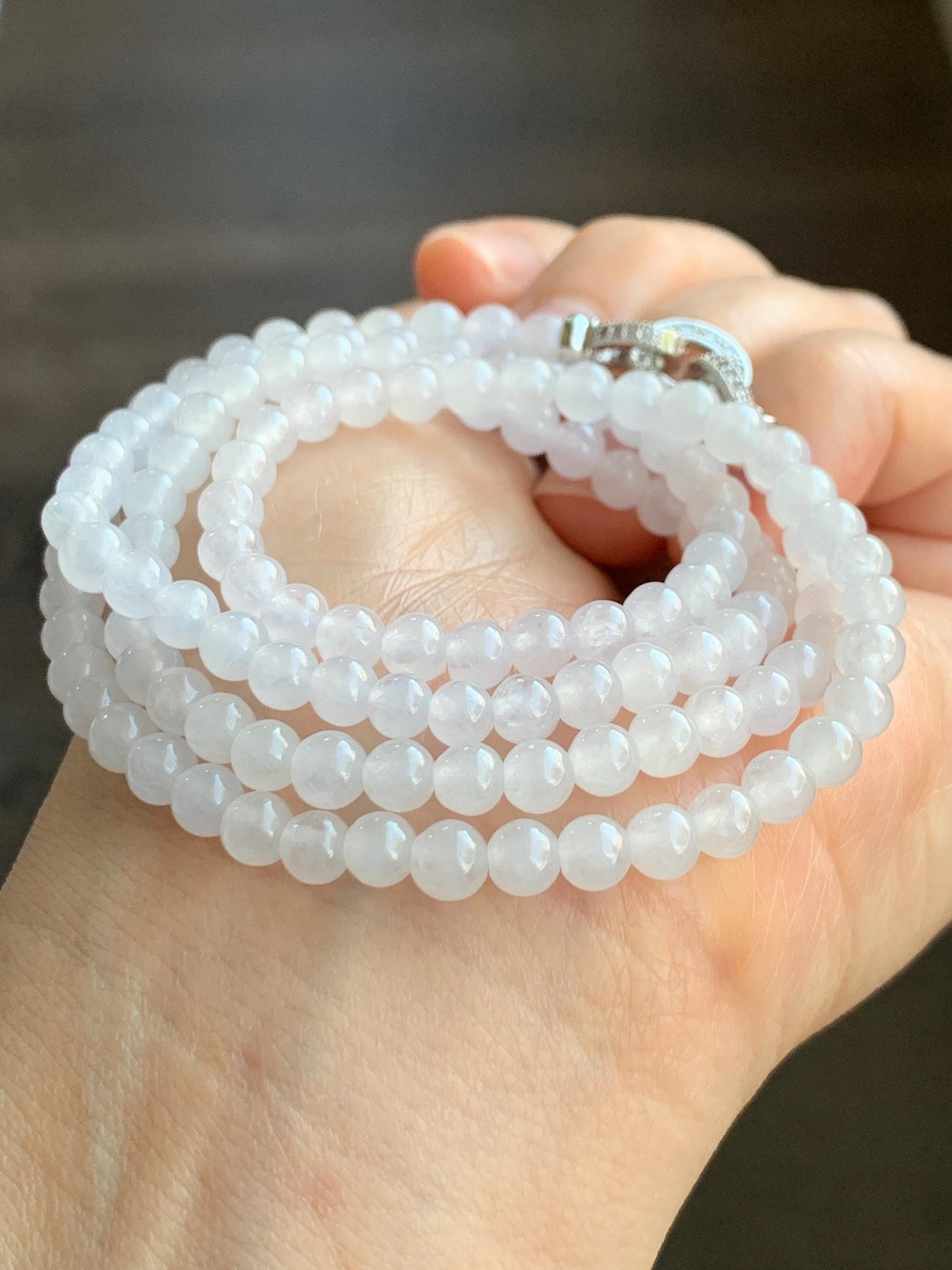 Certified Grade A Natural Icy Highly Translucent White Jadeite Round Beads Beaded Necklace 4.8mm 25.9g 天然高冰起光翡翠圆珠长串项链