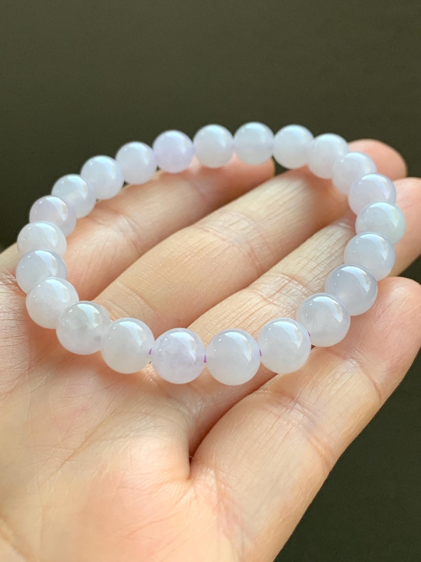 Natural Grade A Icy Translucent Gelatinous Jadeite w/ Pastel Lavender Undertone Round Beads Beaded Bracelet 7.7mm