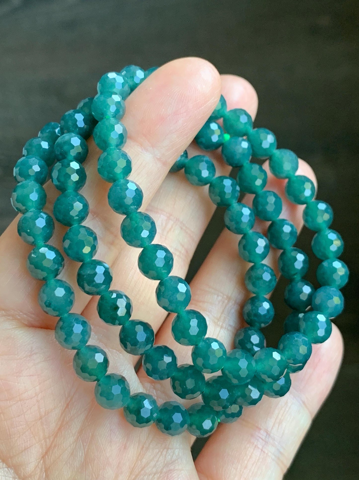 Natural Guatemalan Grade A Icy Translucent Dusty Teal Blue Faceted Jadeite Beaded Bracelet Stretchy 6.5mm