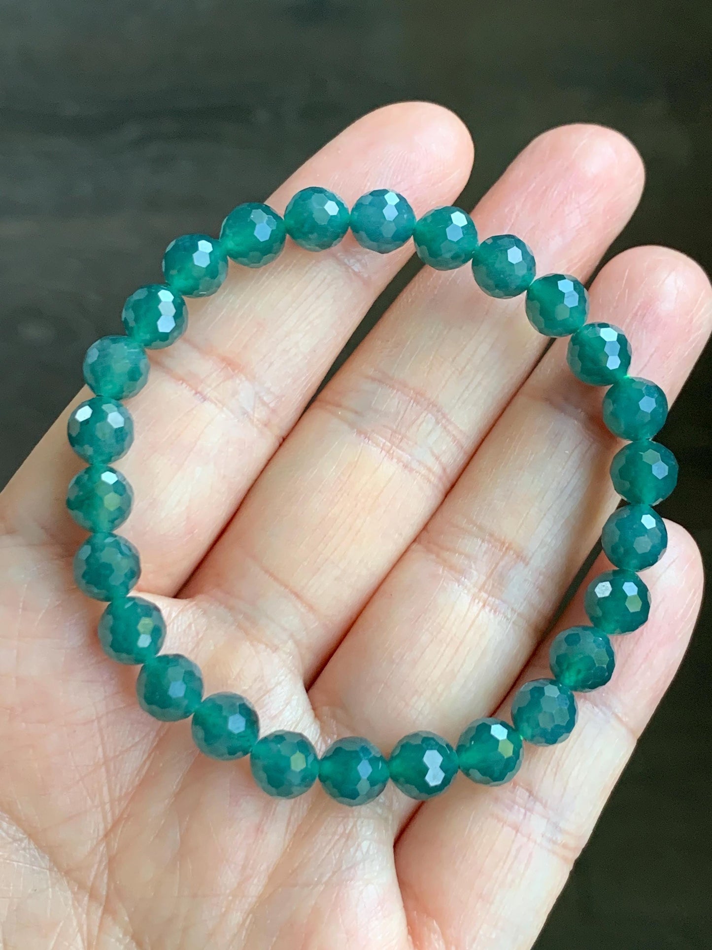 Natural Guatemalan Grade A Icy Translucent Dusty Teal Blue Faceted Jadeite Beaded Bracelet Stretchy 6.5mm