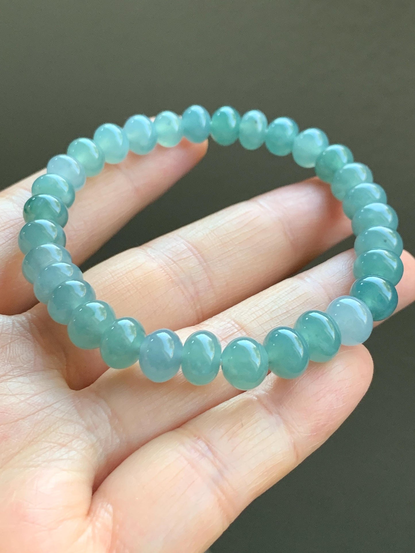 Natural Grade A Guatemalan Icy Translucent Teal Blue Jadeite Drum Beads Beaded Bracelet Stretchy