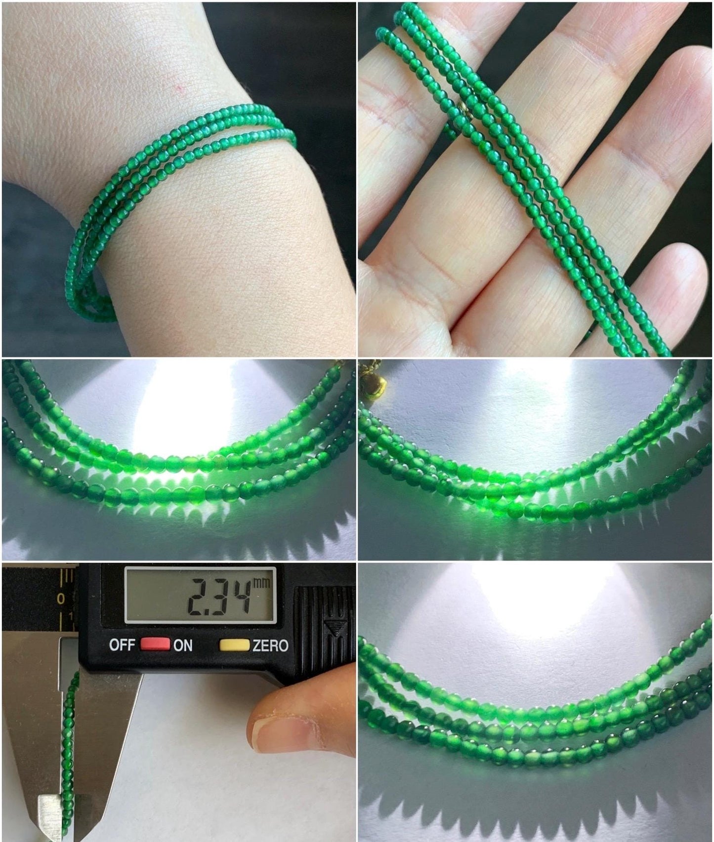 Natural Grade A Guatemalan Icy Translucent Vibrant Green Jadeite Petite Beaded Necklace 18K Yellow Gold 21” 2.3mm 天然冰危绿翡翠小卡圆珠项链K金扣头 WKJ218