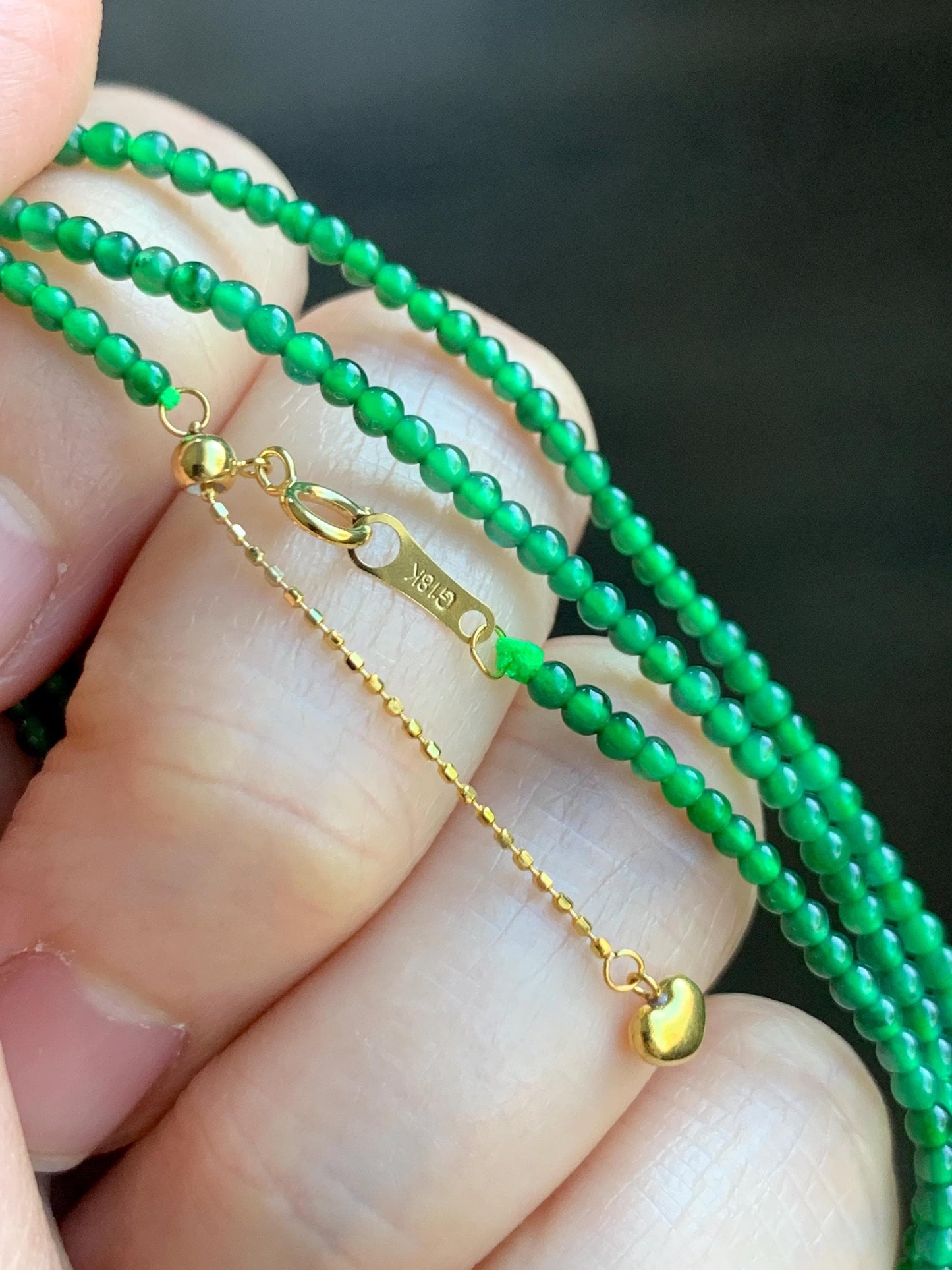 Natural Grade A Guatemalan Icy Translucent Vibrant Green Jadeite Petite Beaded Necklace 18K Yellow Gold