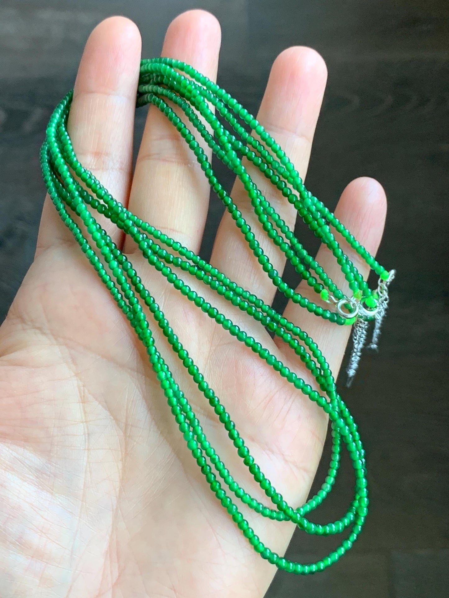 Natural Grade A Guatemalan Icy Translucent Vibrant Green Jadeite Petite Beaded Necklace Sterling Silver 2.3-2.5mm 6g