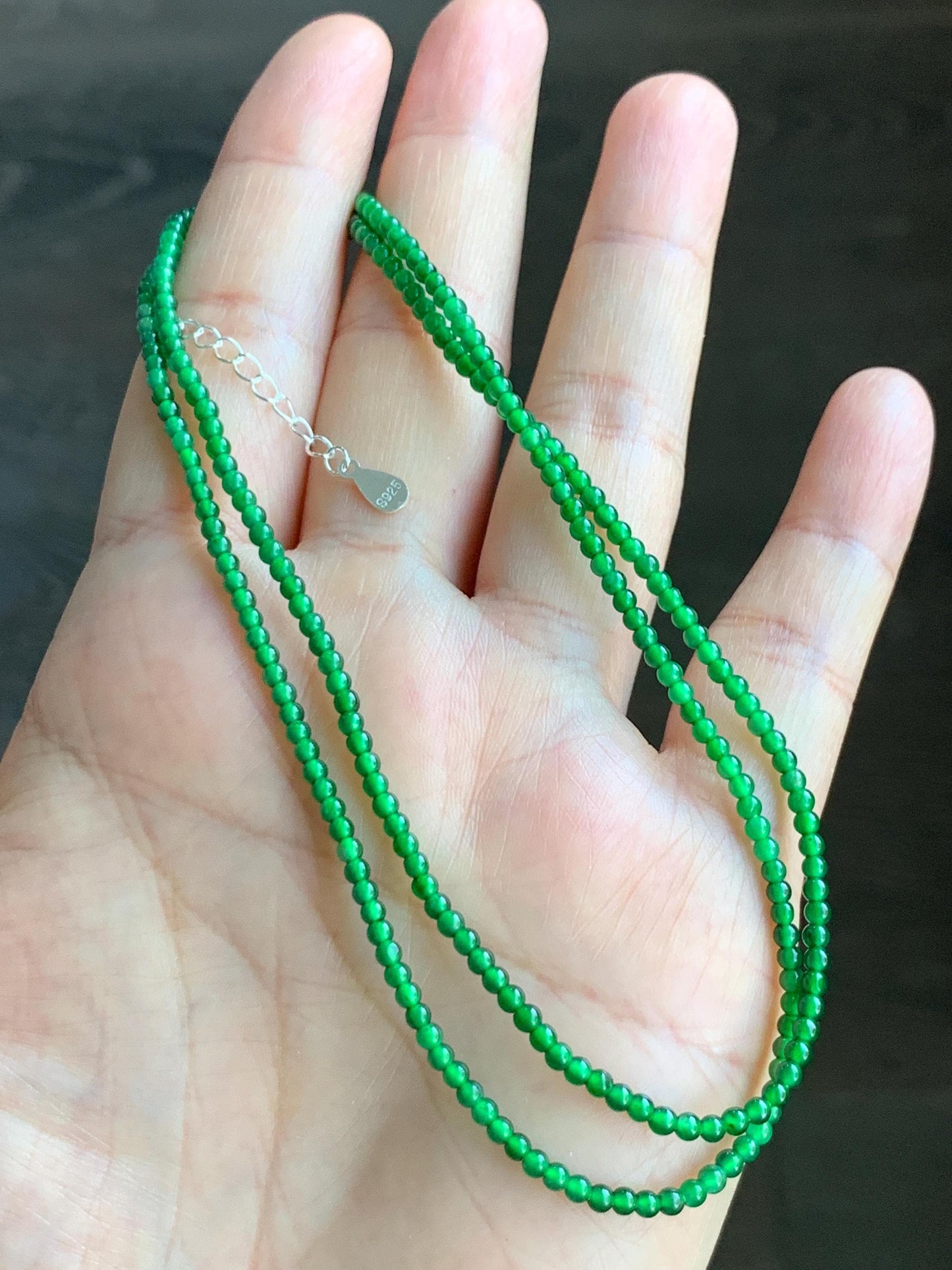 Natural Grade A Guatemalan Icy Translucent Vibrant Green Jadeite Petite Beaded Necklace Sterling Silver 2.3-2.5mm 6g 天然冰危绿翡翠小卡圆珠项链银扣头