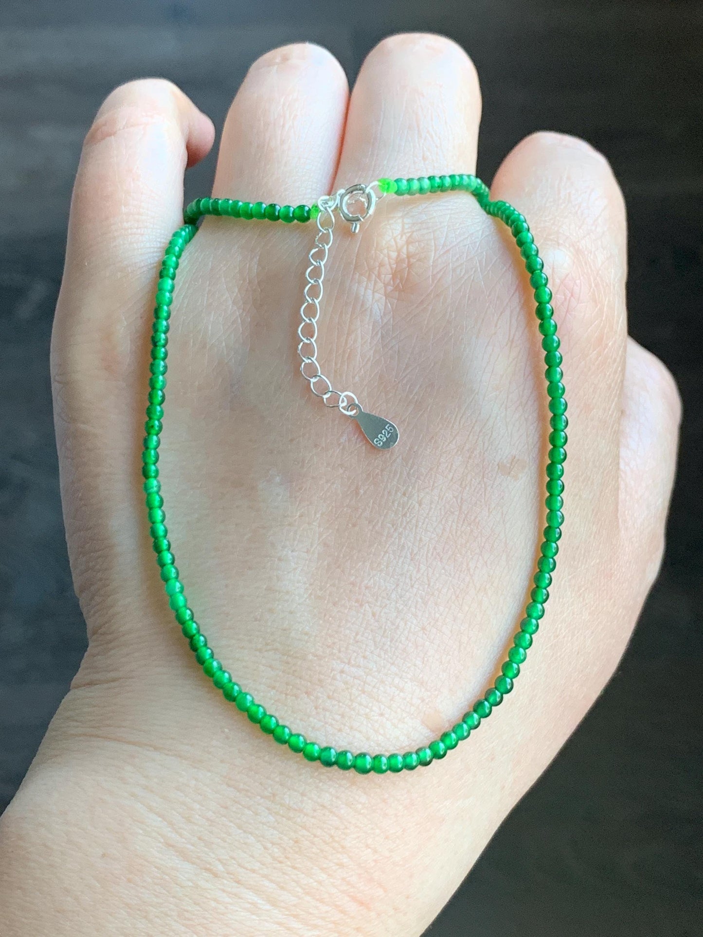 Natural Grade A Guatemalan Icy Translucent Vibrant Green Jadeite Petite Beaded Necklace Sterling Silver 2.3-2.5mm 6g