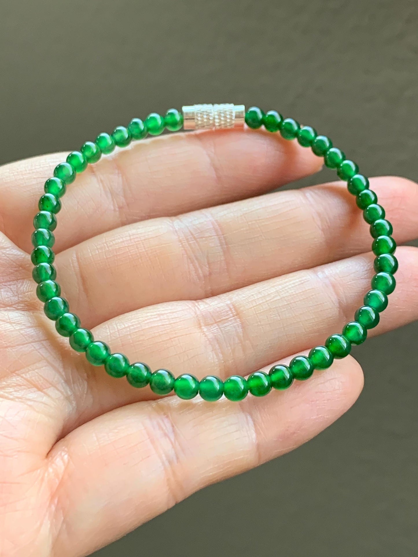 Certified Grade A Natural Guatemalan Icy Translucent Intense Green Jadeite Beads Beaded Bracelet 3.9mm 6 7/8” 4.87g 天然冰危绿翡翠小卡圆珠手串 1706