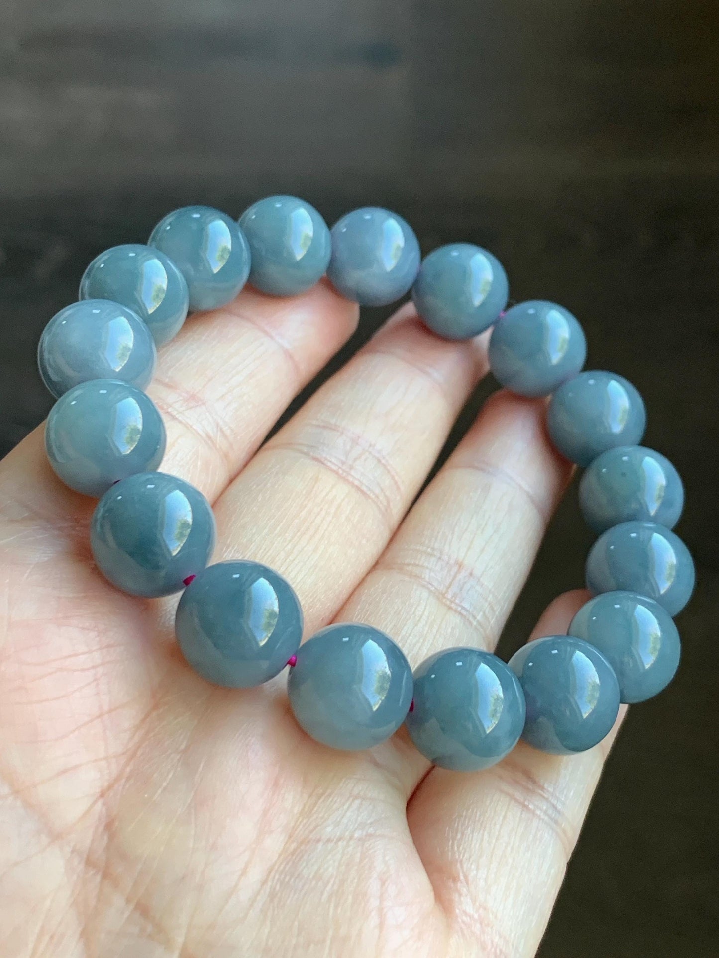 LARGE Natural Grade A Guatemalan Icy Translucent Dusty Purplish Blue Jadeite Beaded Bracelet 11.9mm 49g