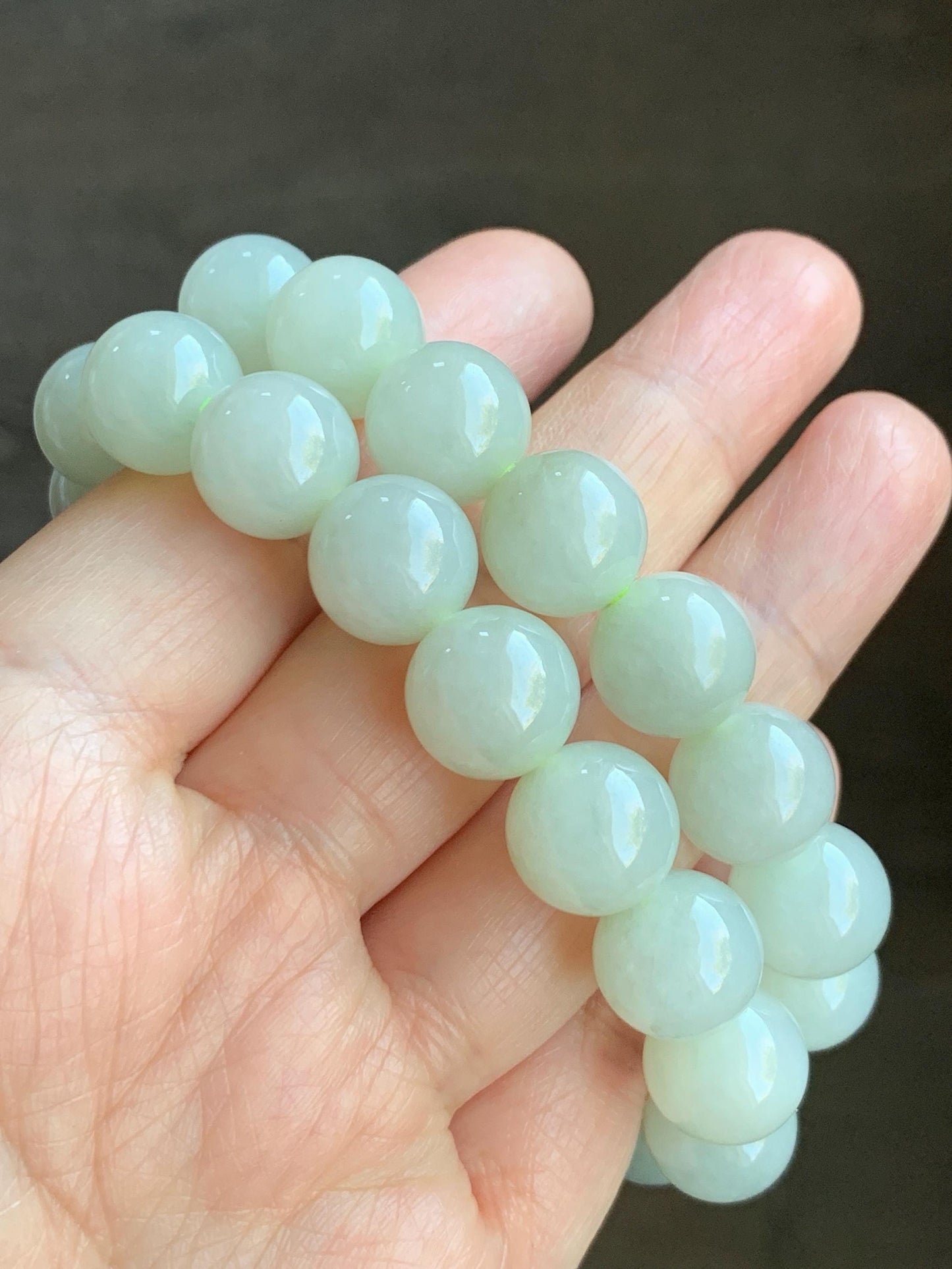 Natural Grade A Icy Translucent Light Beige Jadeite Large Round Beads Beaded Bracelet 12mm 51g 天然冰糖雪梨黄翡翠圆珠手串