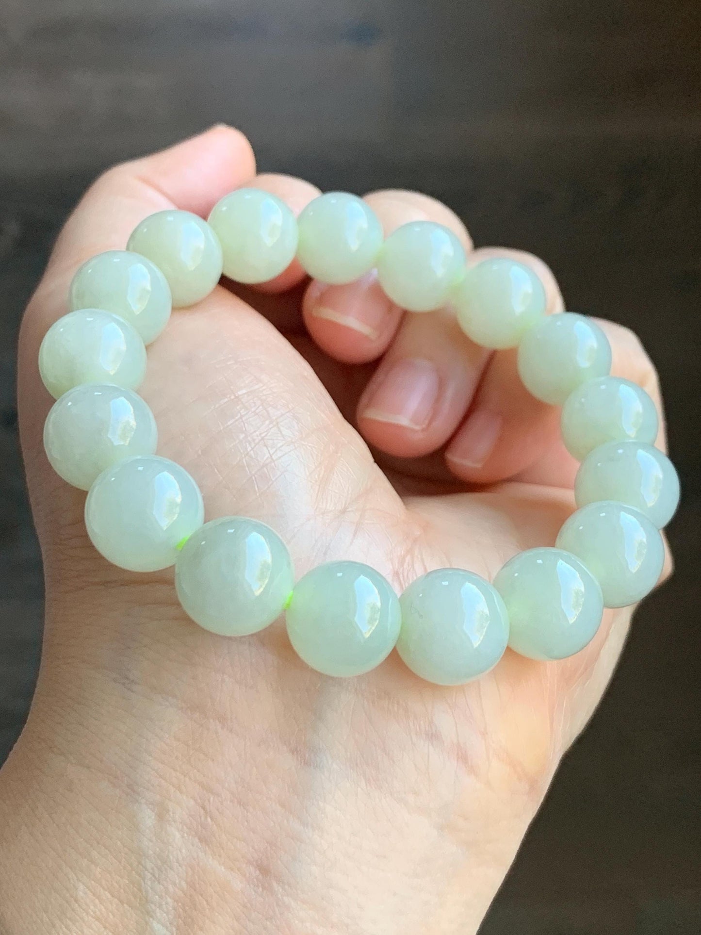 Natural Grade A Icy Translucent Light Beige Jadeite Large Round Beads Beaded Bracelet 12mm 51g 天然冰糖雪梨黄翡翠圆珠手串