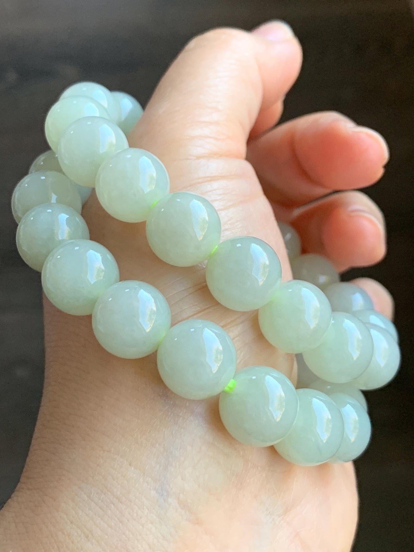 Natural Grade A Icy Translucent Light Beige Jadeite Large Round Beads Beaded Bracelet 12mm 51g 天然冰糖雪梨黄翡翠圆珠手串