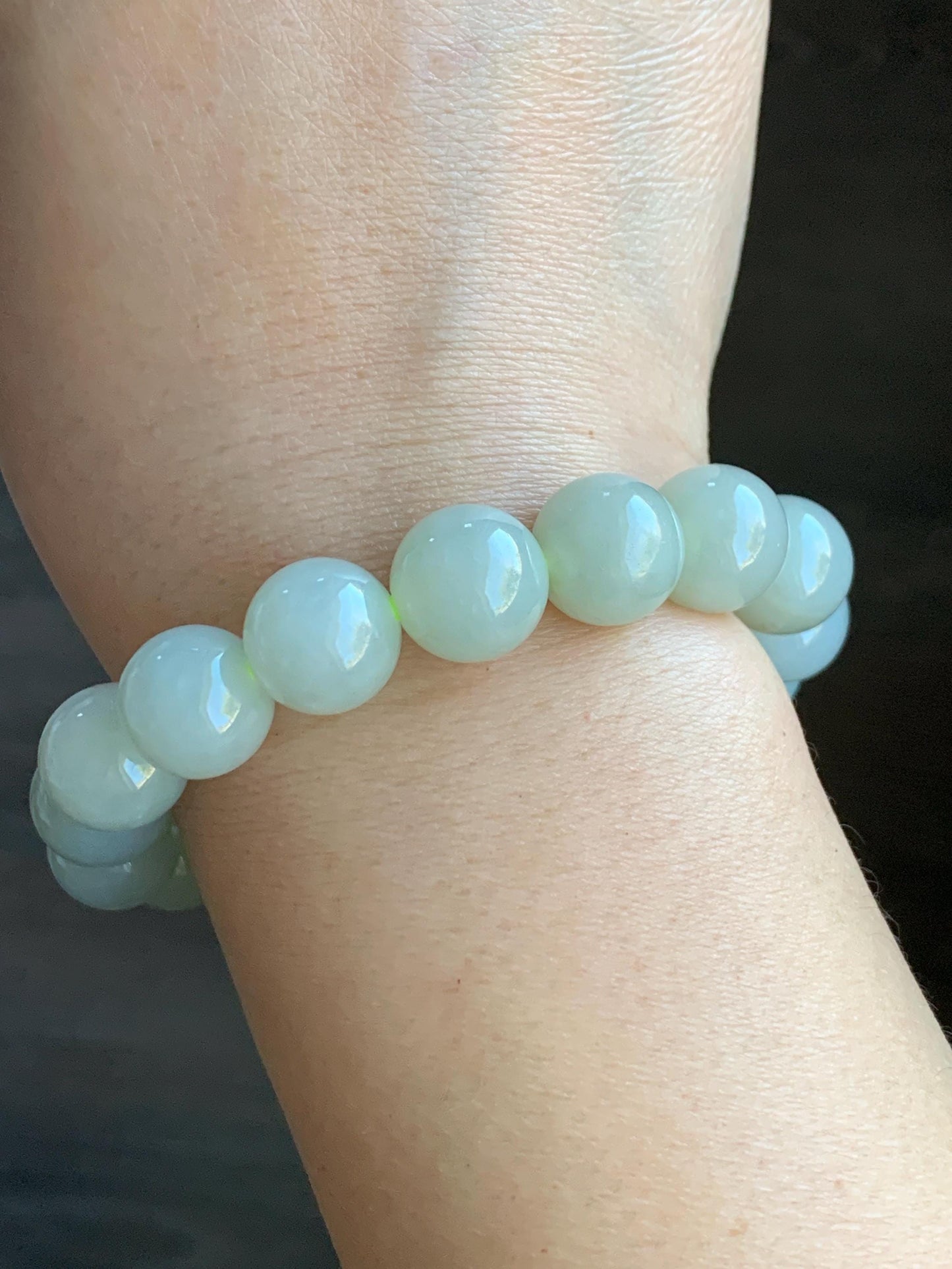 Natural Grade A Icy Translucent Light Beige Jadeite Large Round Beads Beaded Bracelet 12mm 51g 天然冰糖雪梨黄翡翠圆珠手串