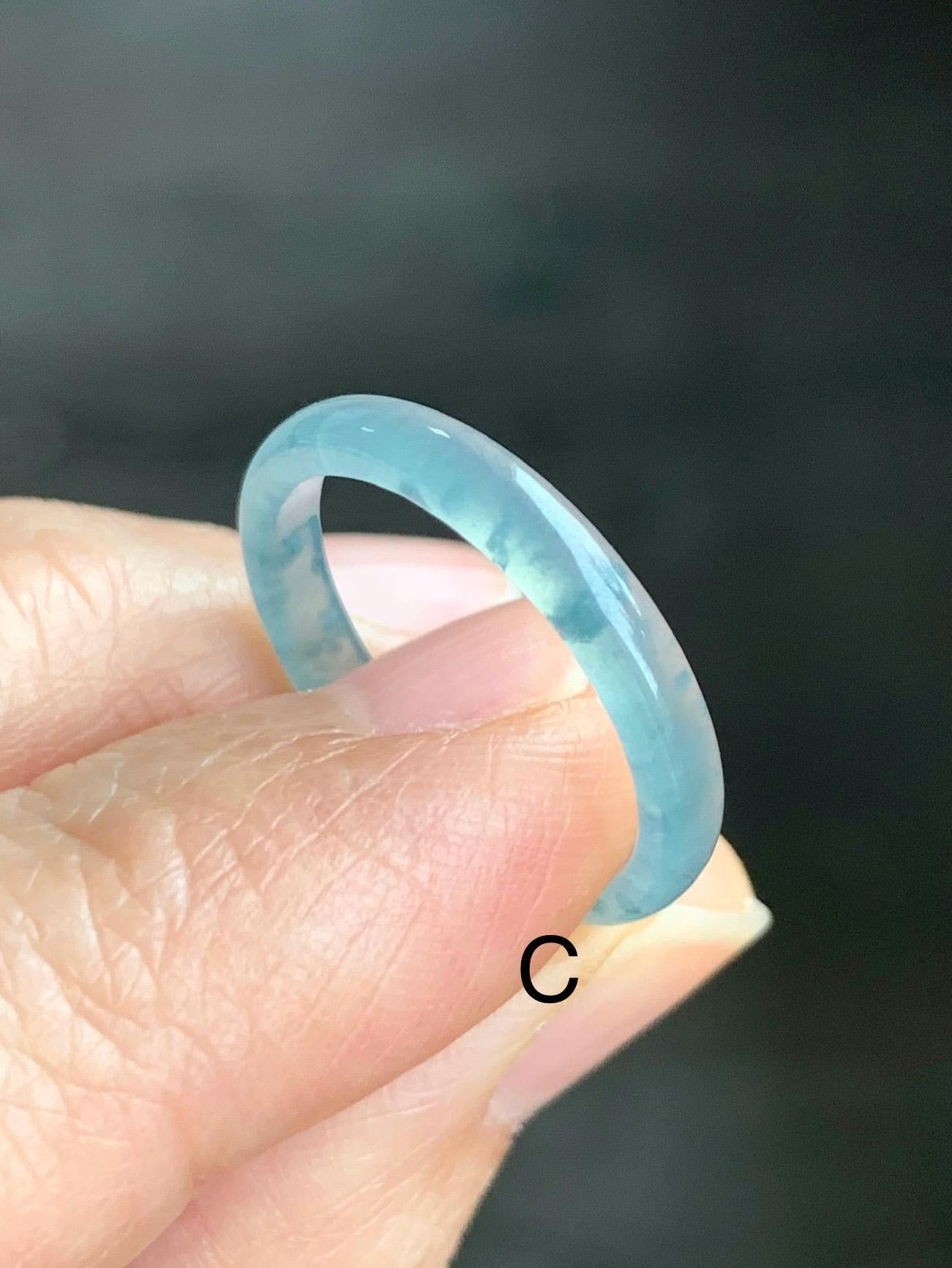 Natural Grade A Guatemalan Icy Highly Translucent Pastel Teal Blue Marbled Jadeite Band Ring Size 6-7.25 US 天然冰危起光浅蓝飘花翡翠戒圈 WDLP